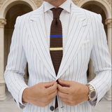 Brown Knitted Necktie With Blue Yellow Stripes