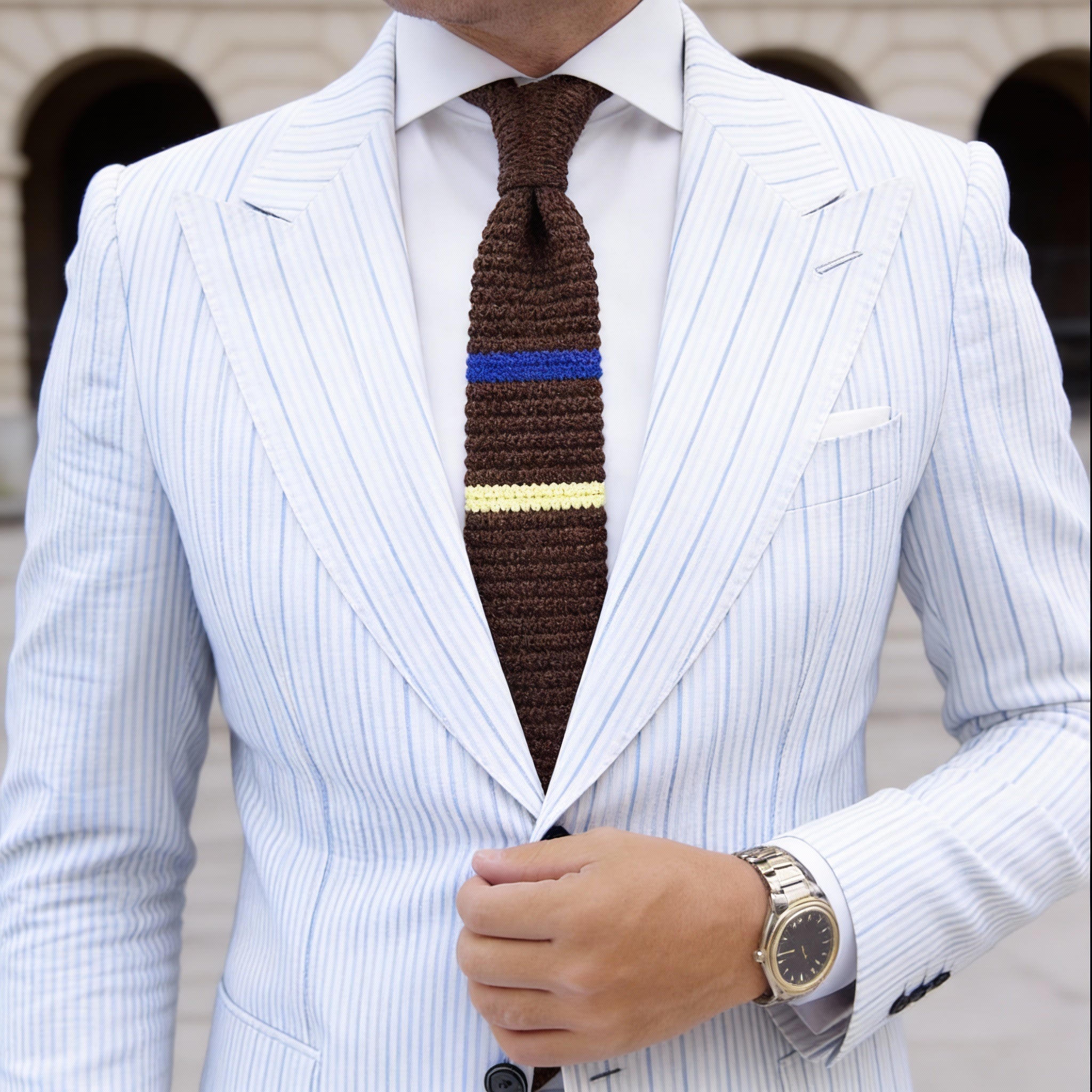 Brown Knitted Necktie With Blue Yellow Stripes