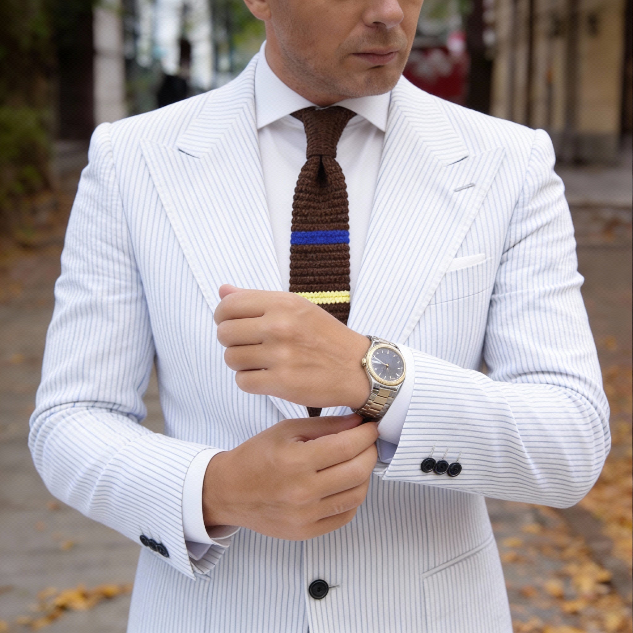 Brown Knitted Necktie With Blue Yellow Stripes