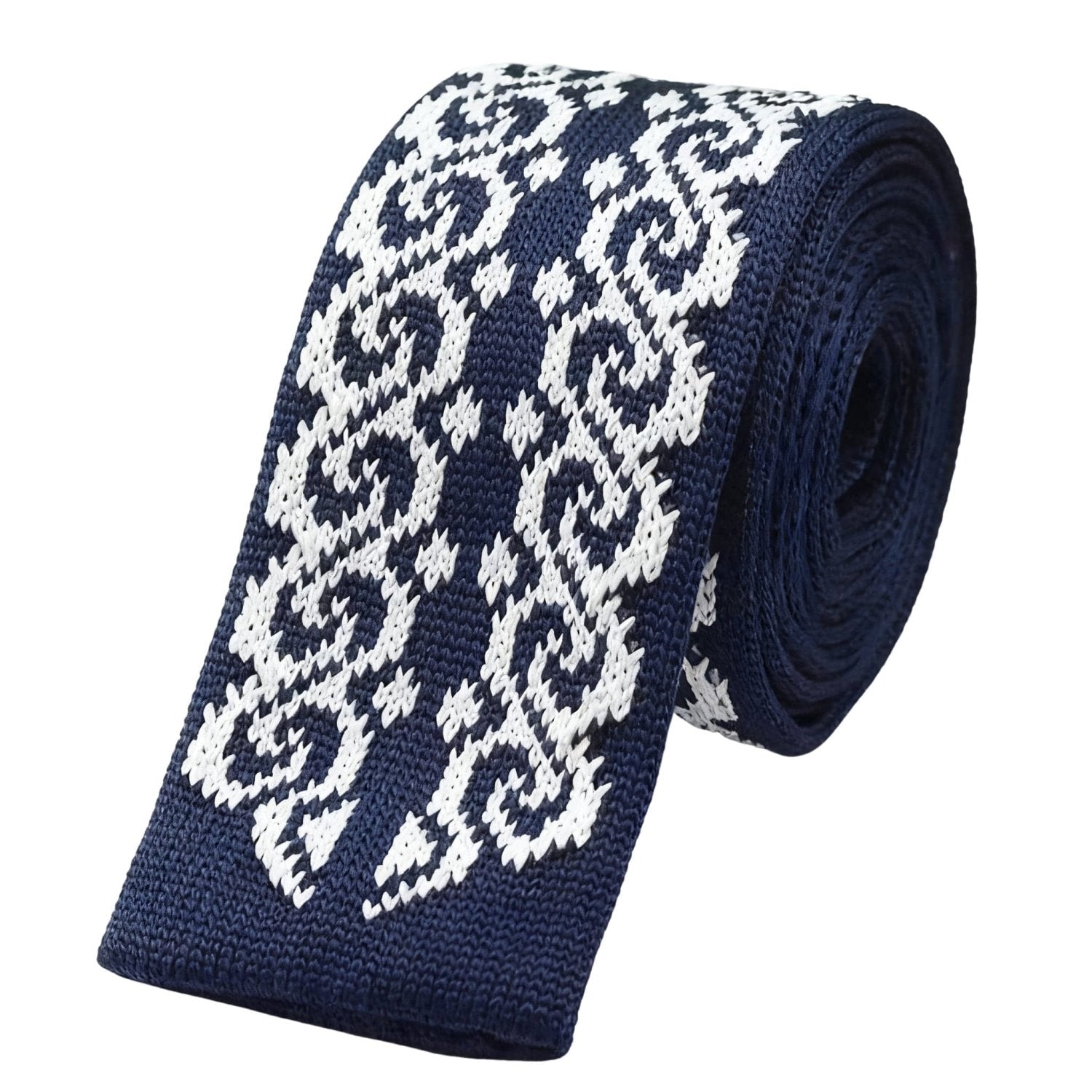 Navy Blue With White Ornate Necktie