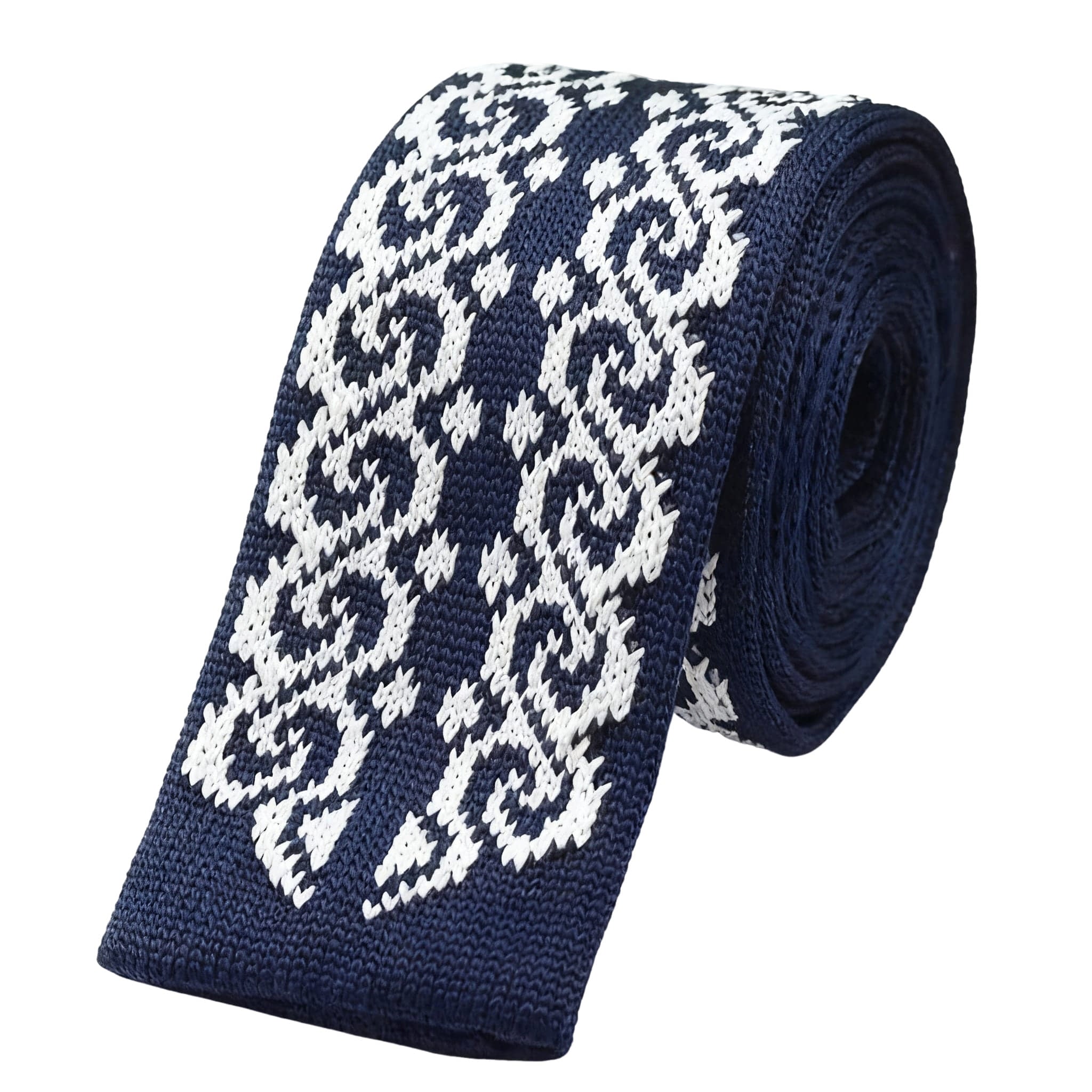 Navy White Floral Knitted Tie