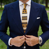 Yellow with Navy & White Geometric Striped Knitted Necktie