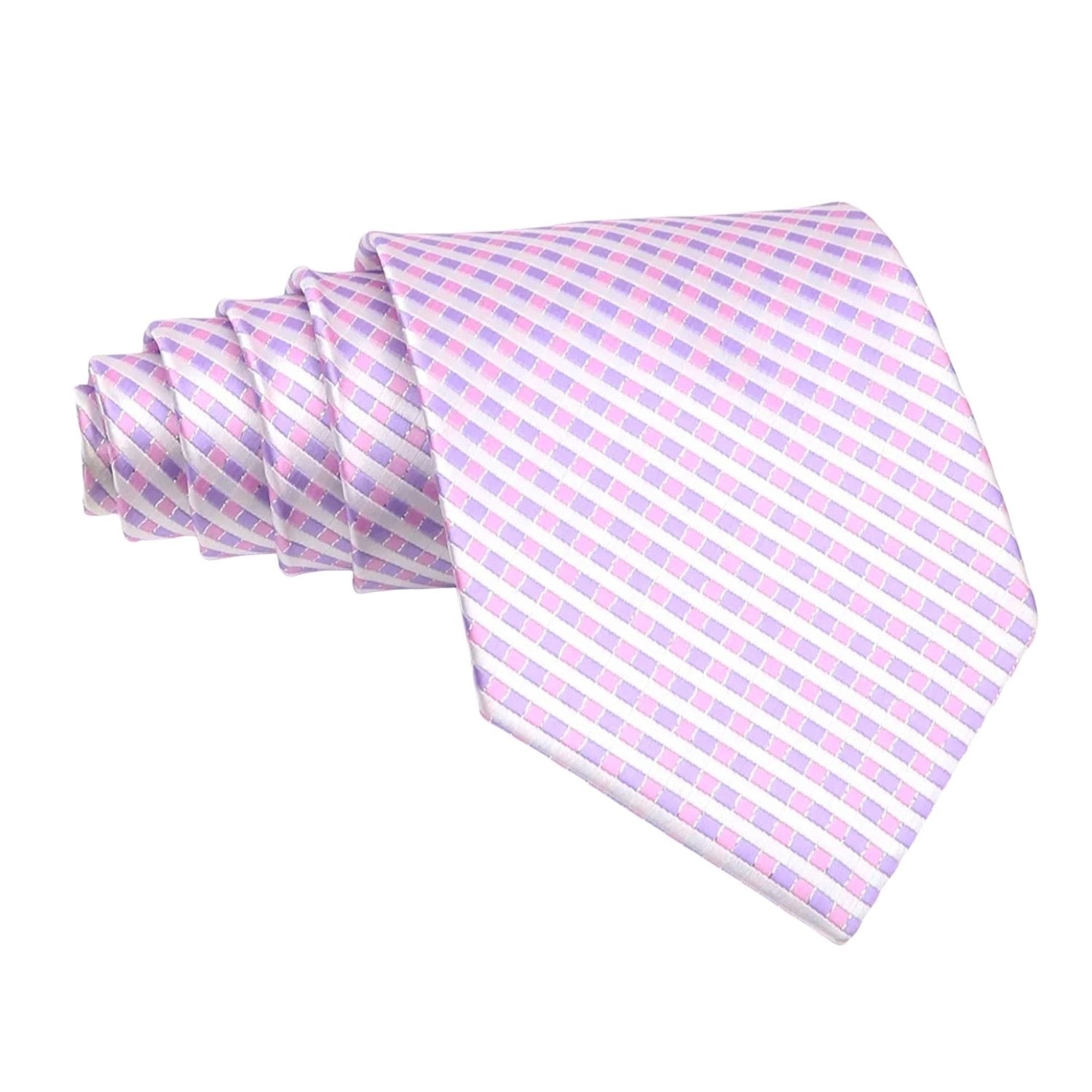 White With Pink Purple Diagonal Checkered Necktie