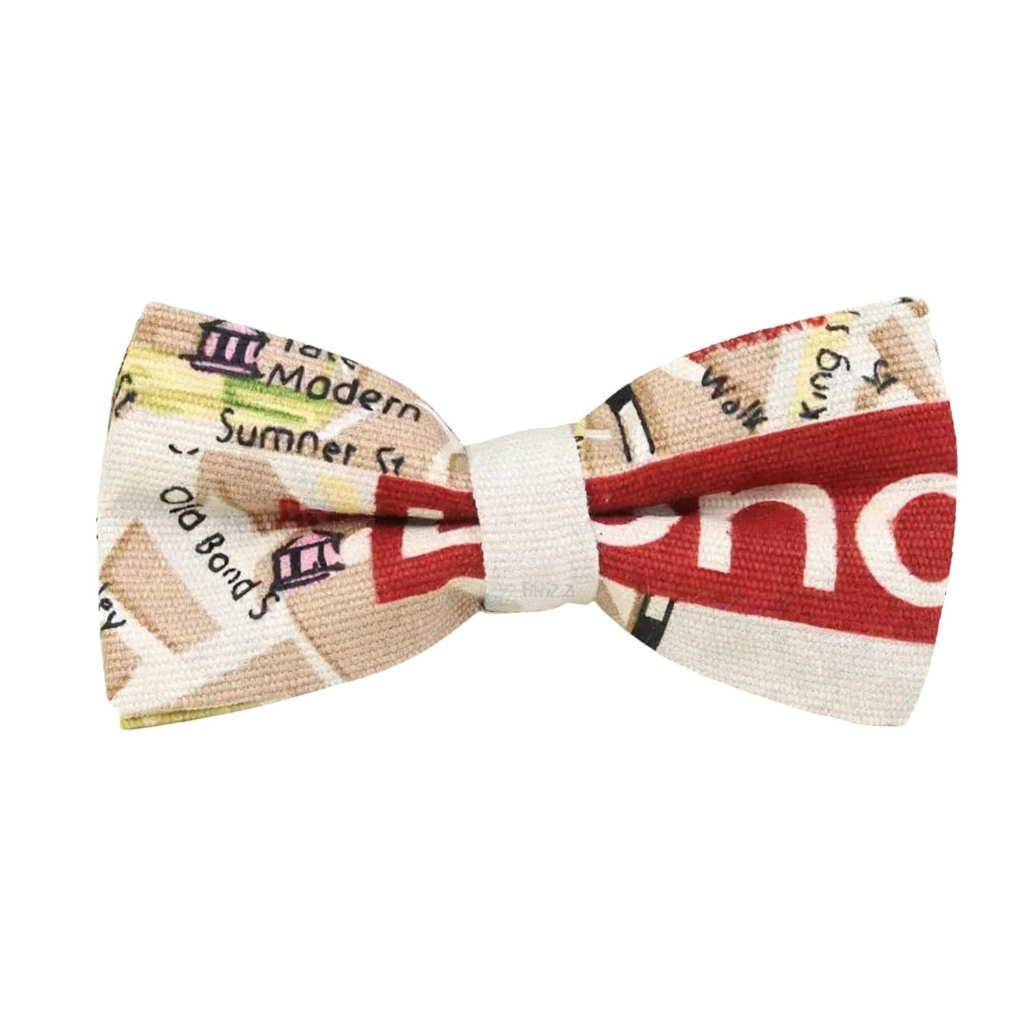 Beige With Red Text Building Bowtie