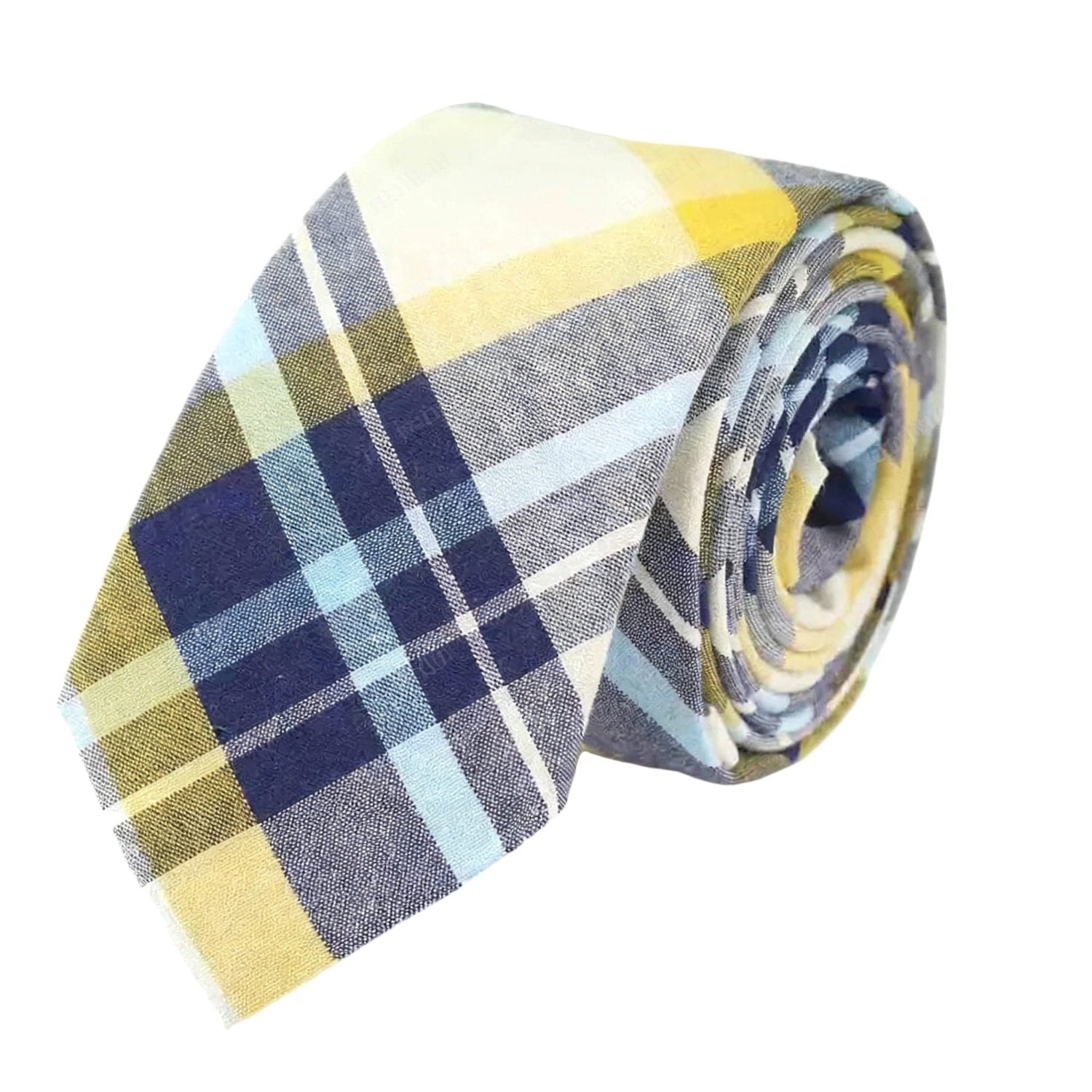 Navy Blue Plaid Necktie with Yellow & Light Blue
