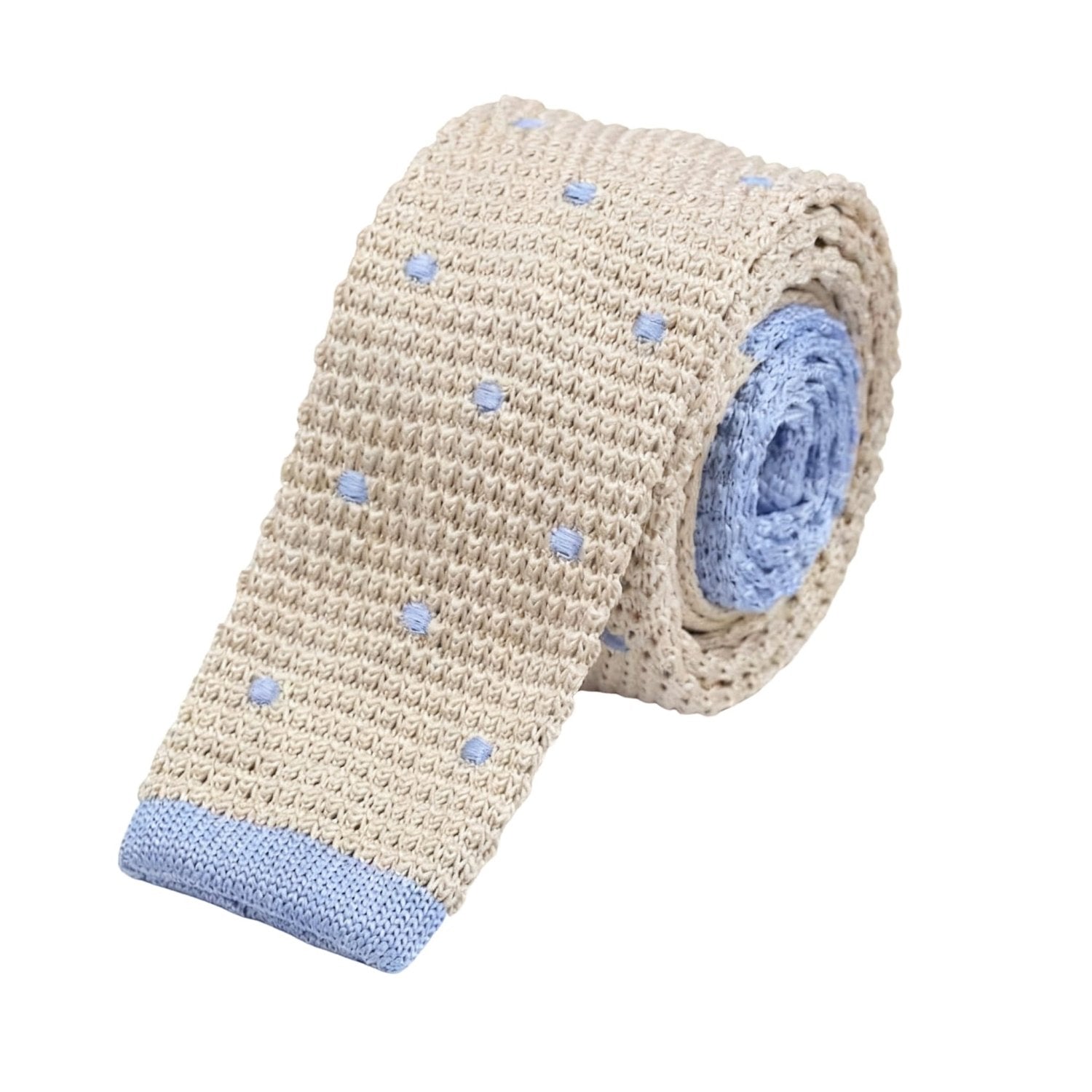 Beige With Blue Polka Dots Knitted Necktie