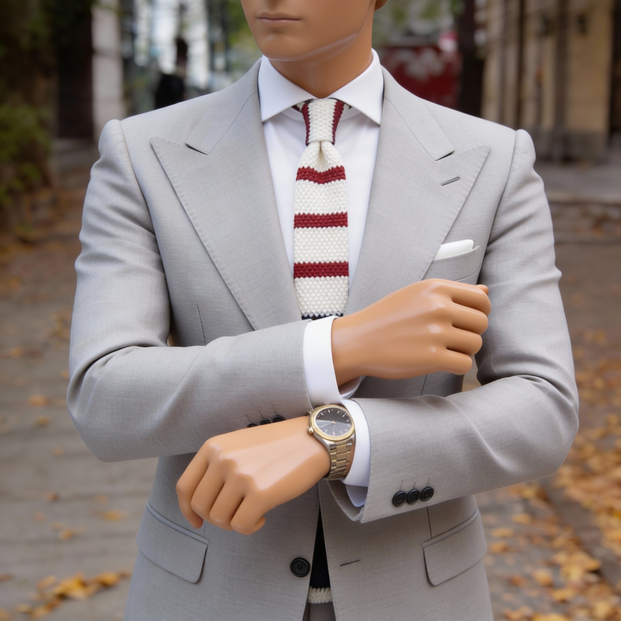 White With Red Stripe & Navy Knitted Necktie