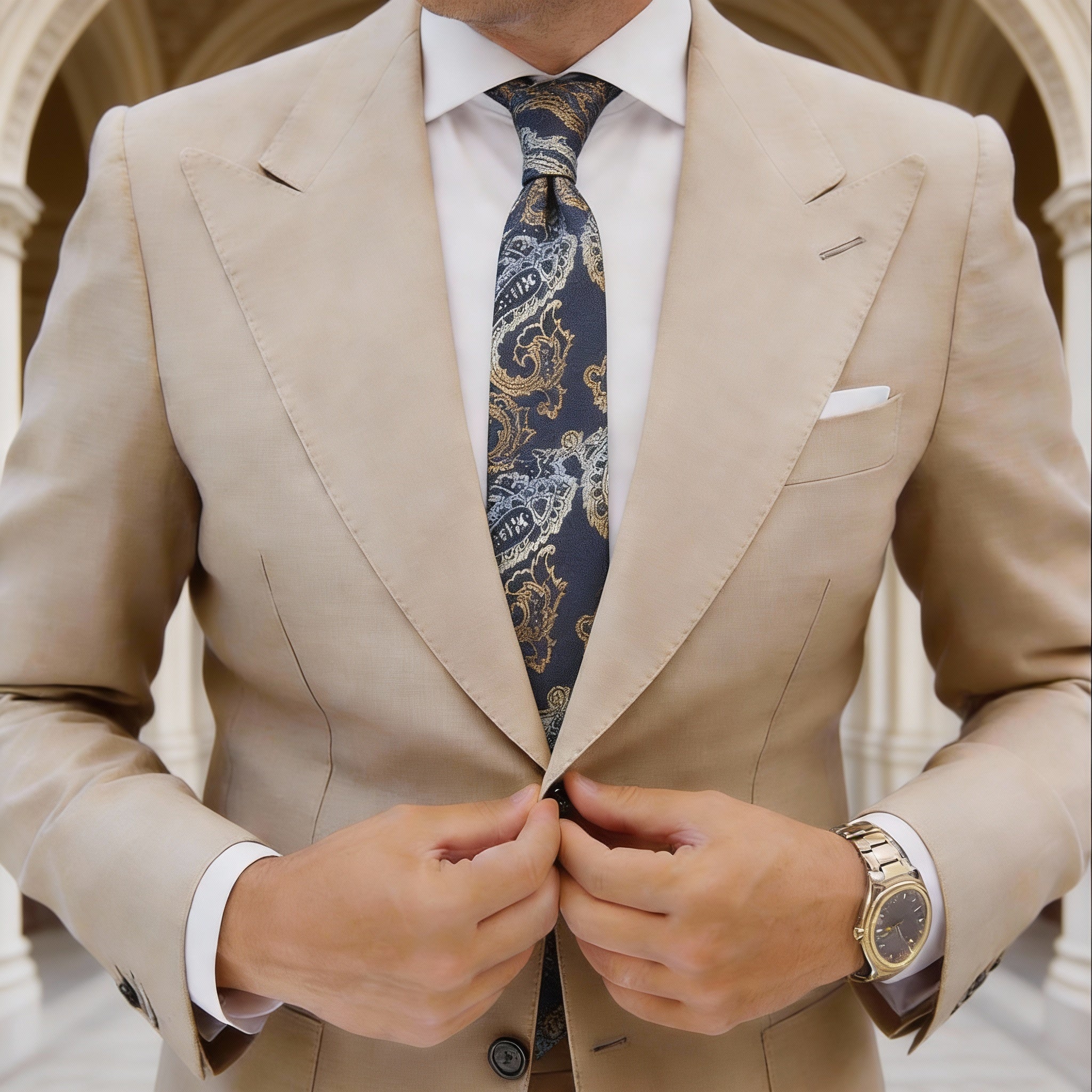 Dark Blue with Gold and Light Blue Paisley Necktie