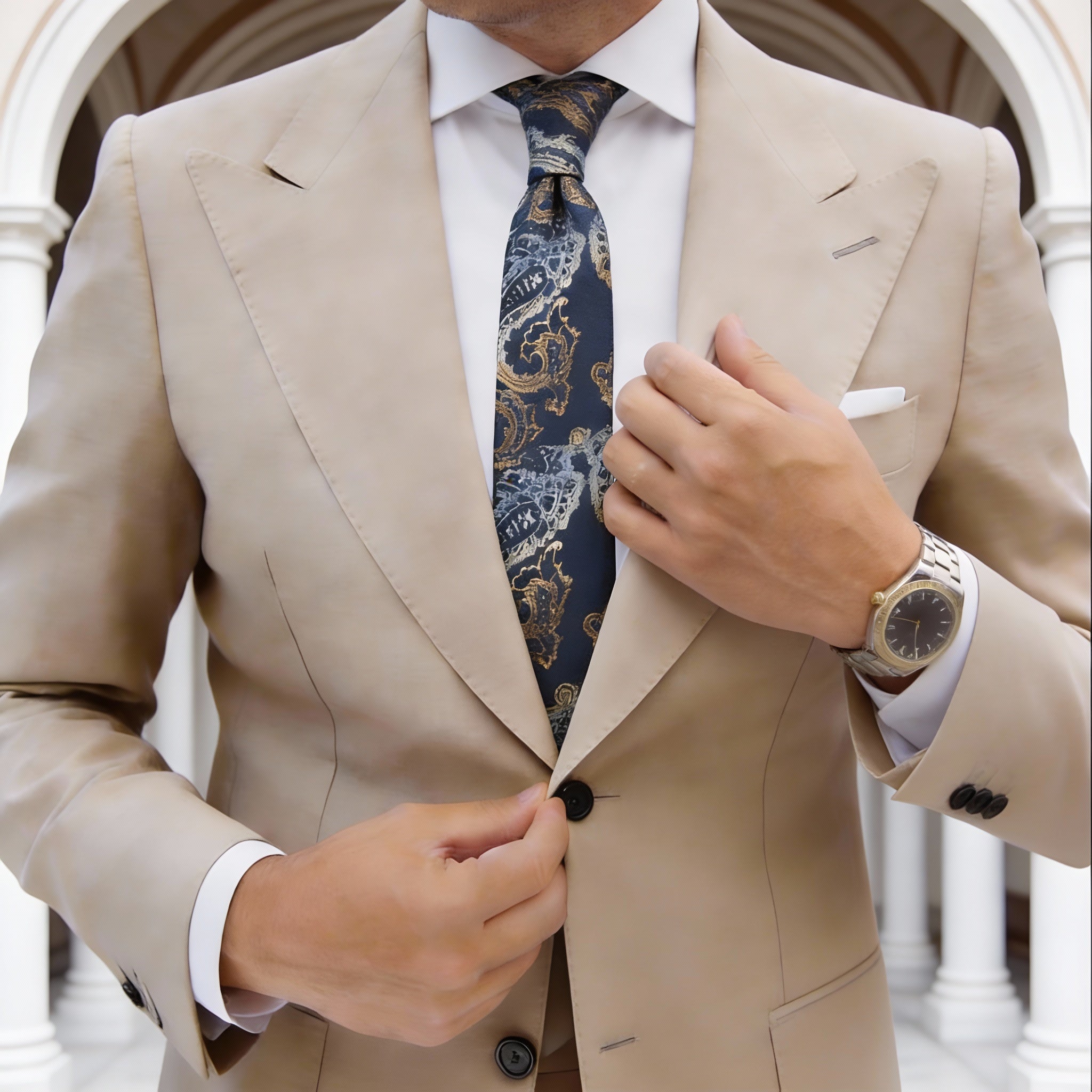 Dark Blue with Gold and Light Blue Paisley Necktie