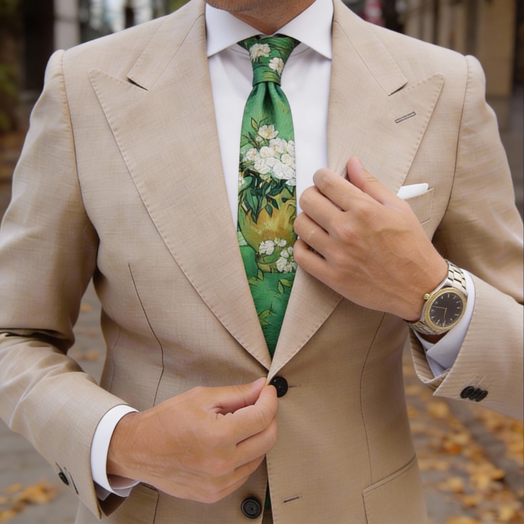 Green With White Vase&Flowers Necktie