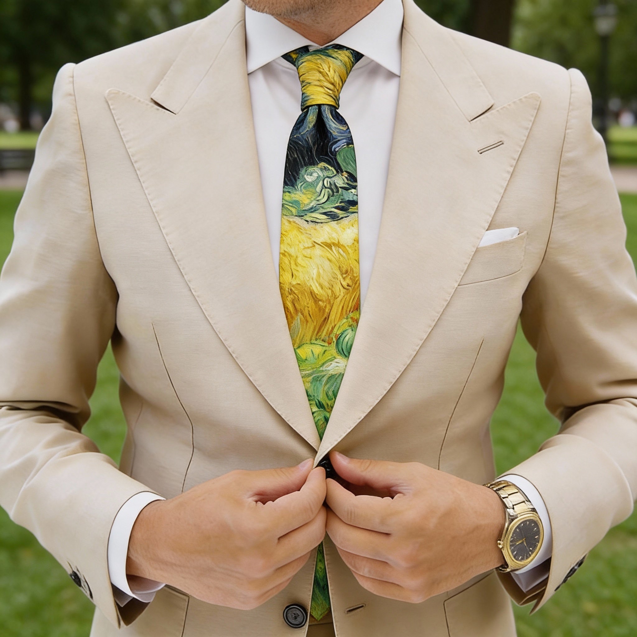 Green With Yellow Landscape Necktie