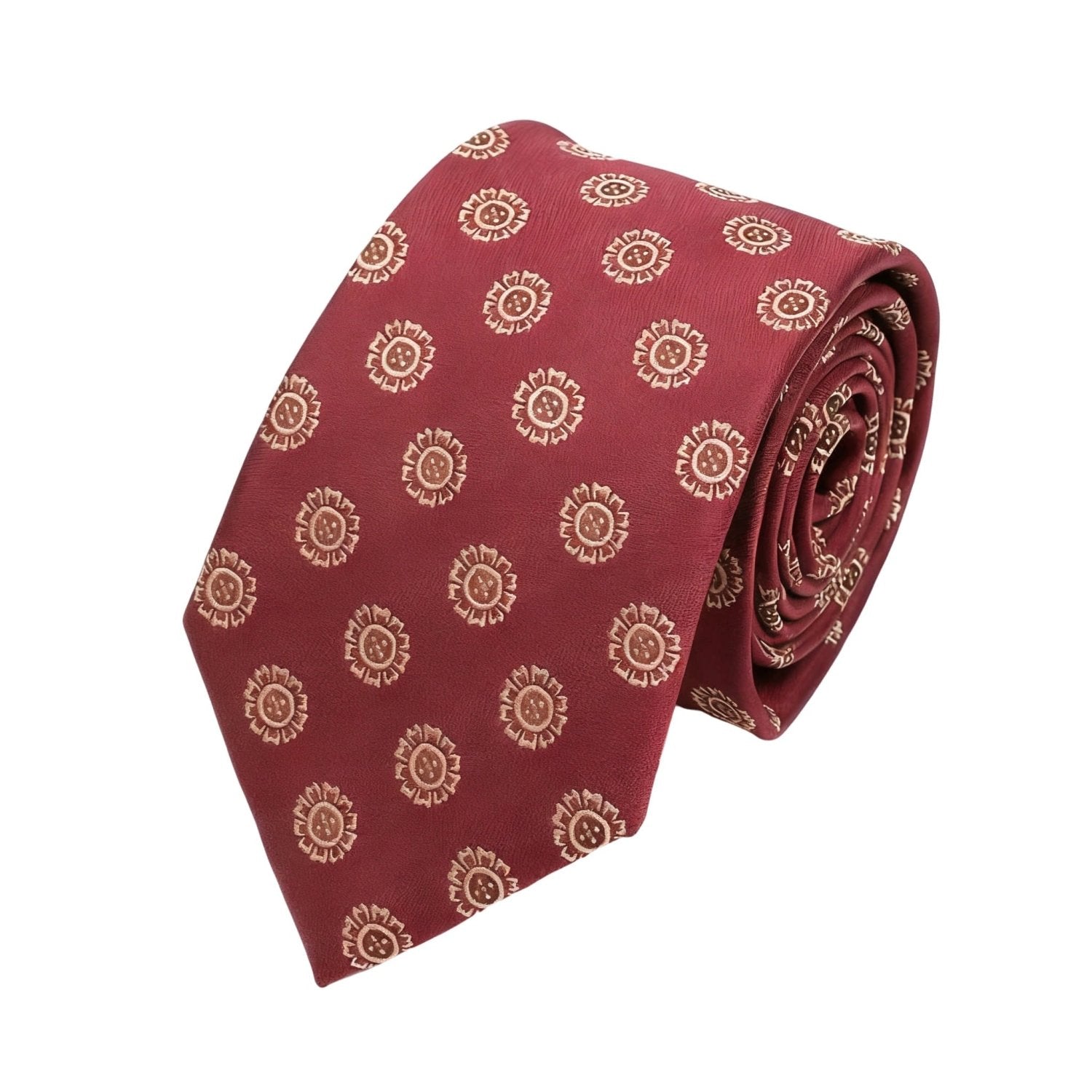Maroon Necktie With Green Circular Floral Motifs