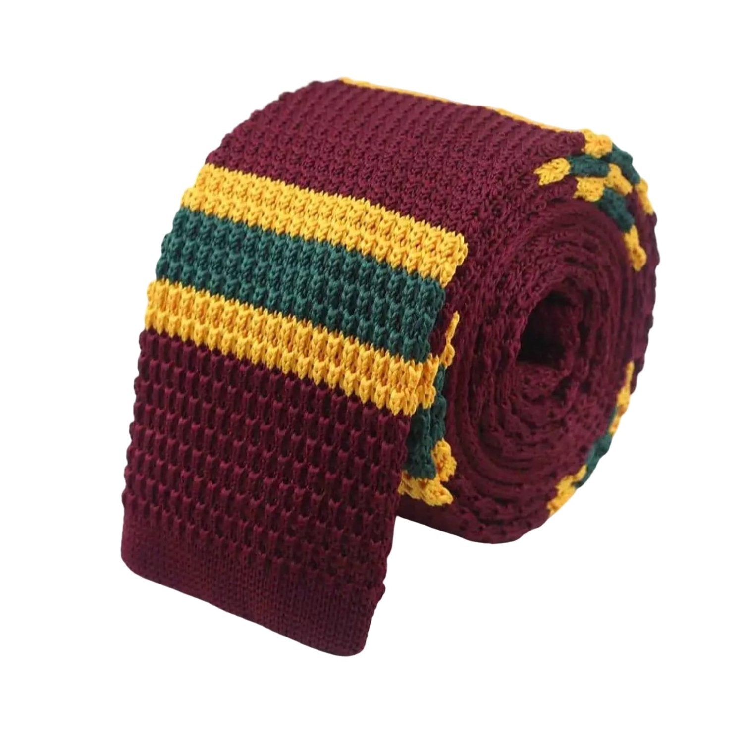 Maroon With Yellow - Green Stripes Knitted Necktie
