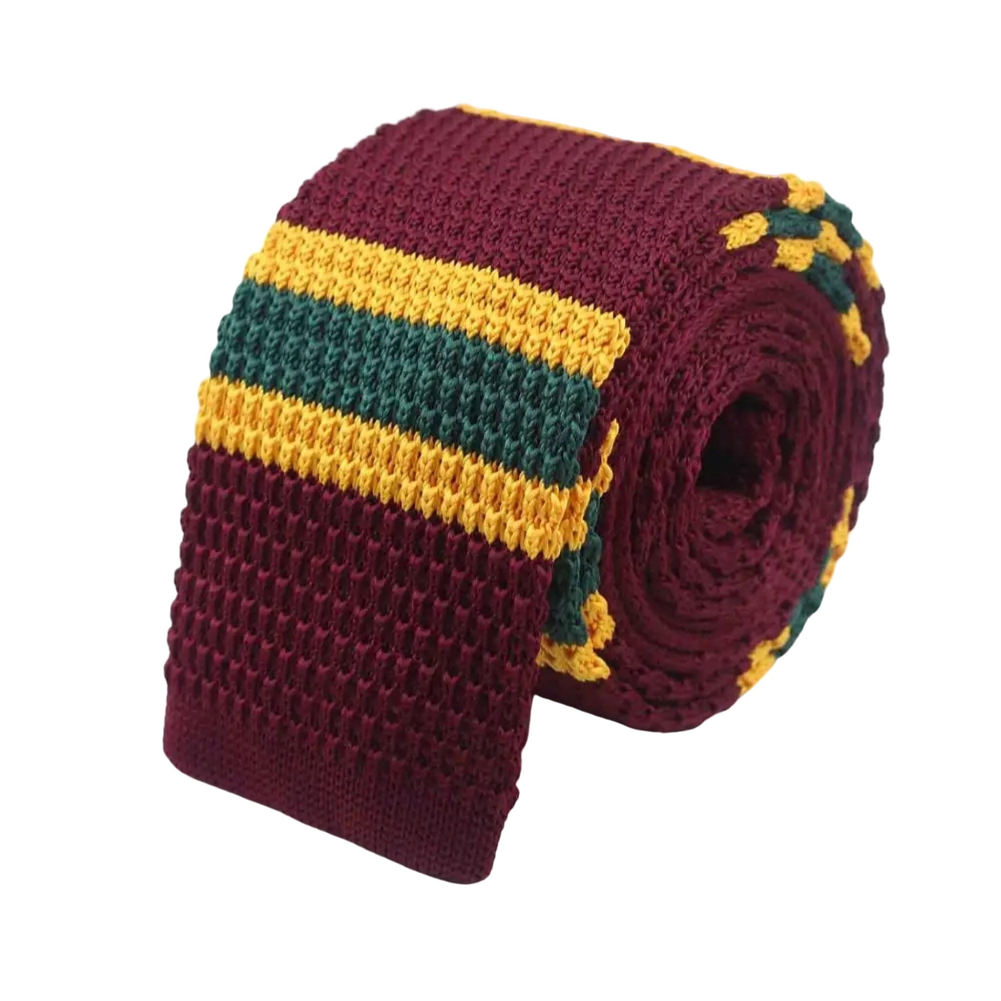 Burgundy Gold Green Striped Knitted Tie