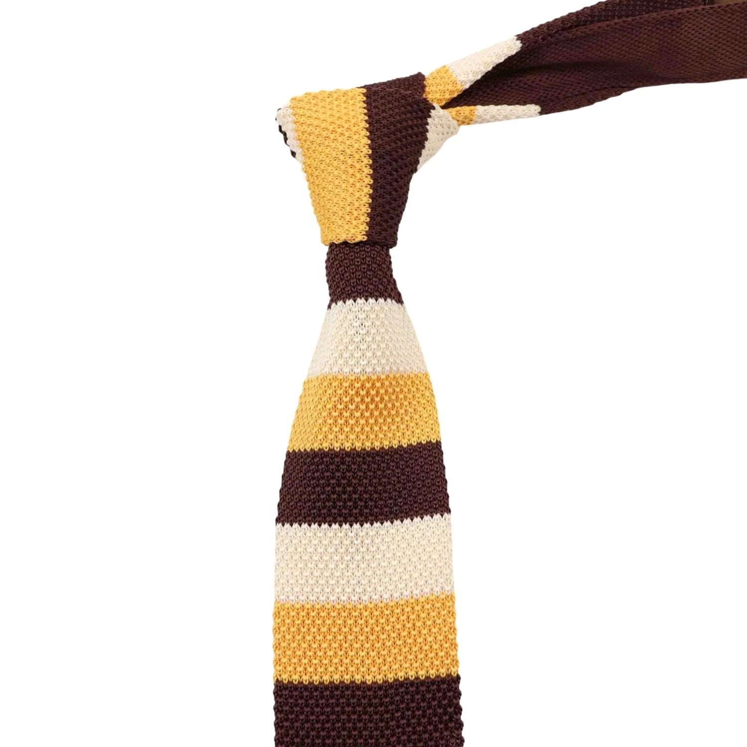 Brown With Yellow White Striped Knitted Necktie