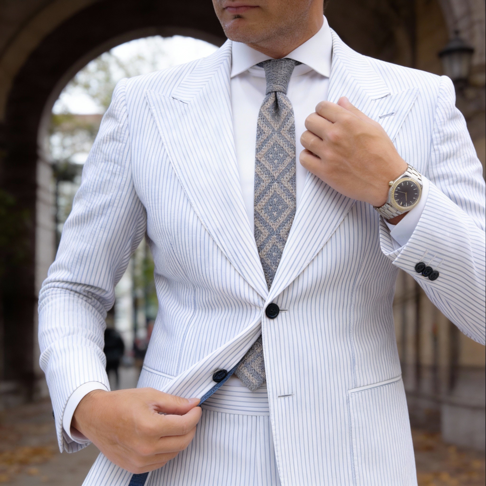 Gray With Beige Diamond Knitted Necktie
