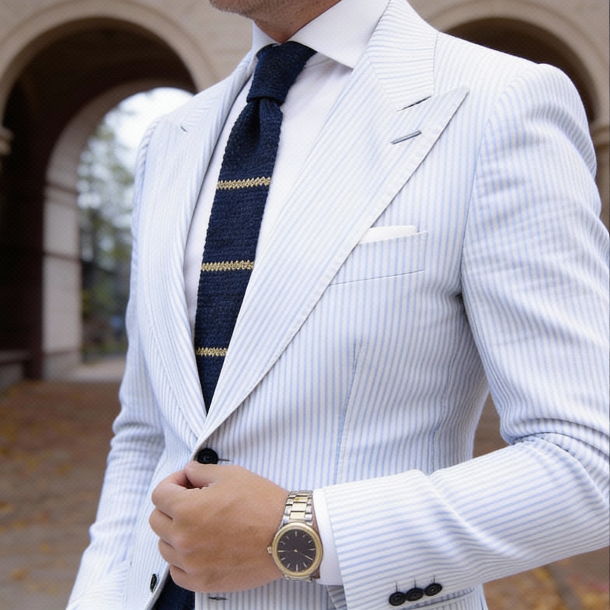 Navy Blue with Gold Horizontal Stripes Knitted Necktie