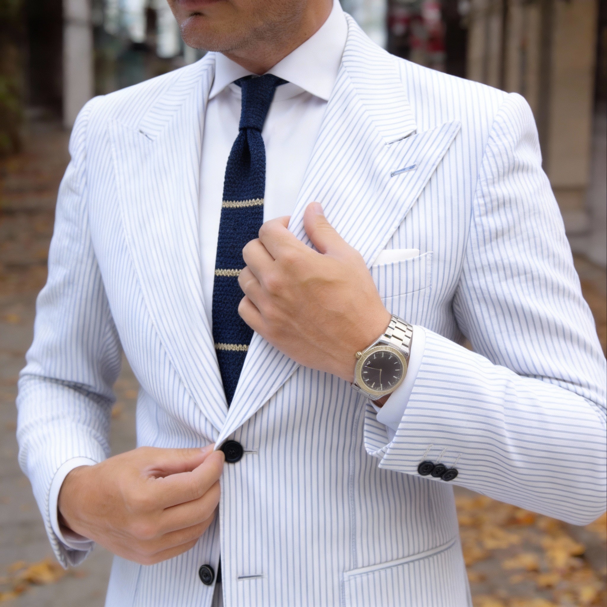 Navy Blue with Gold Horizontal Stripes Knitted Necktie