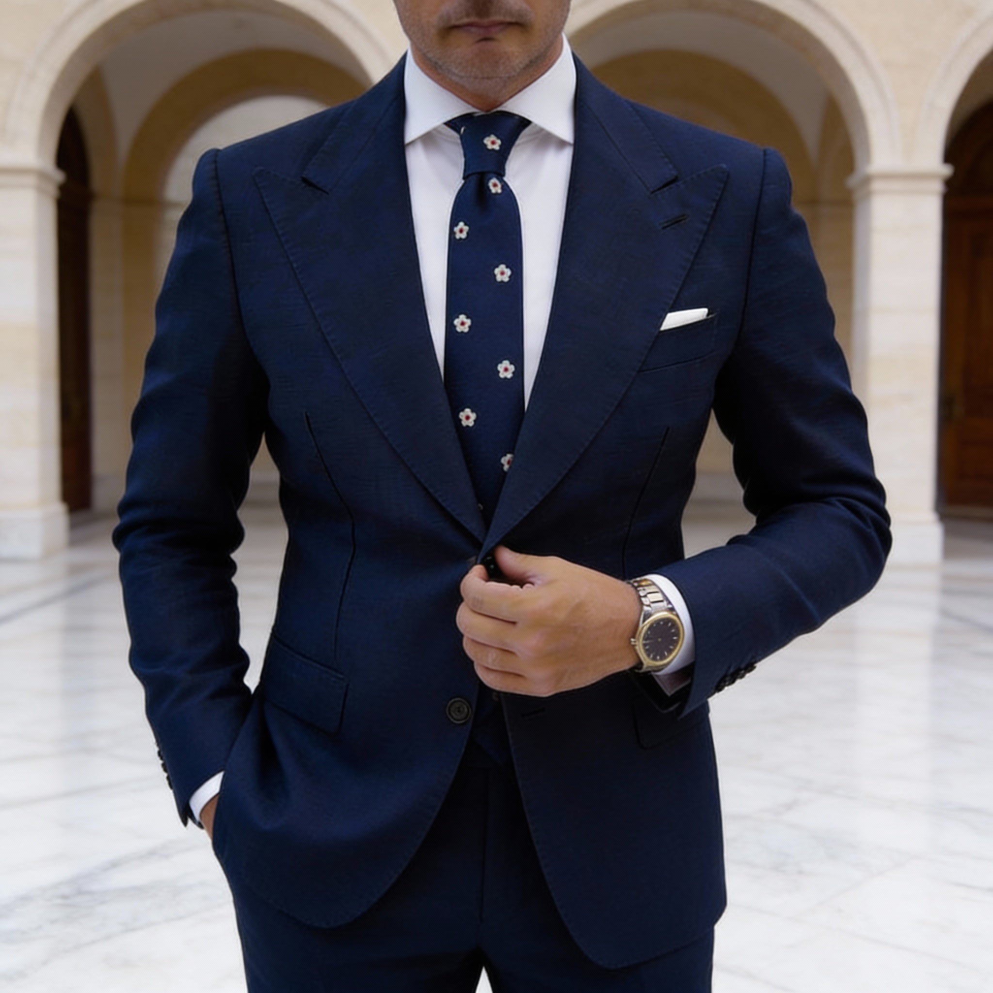 Navy Blue With White Flower Necktie