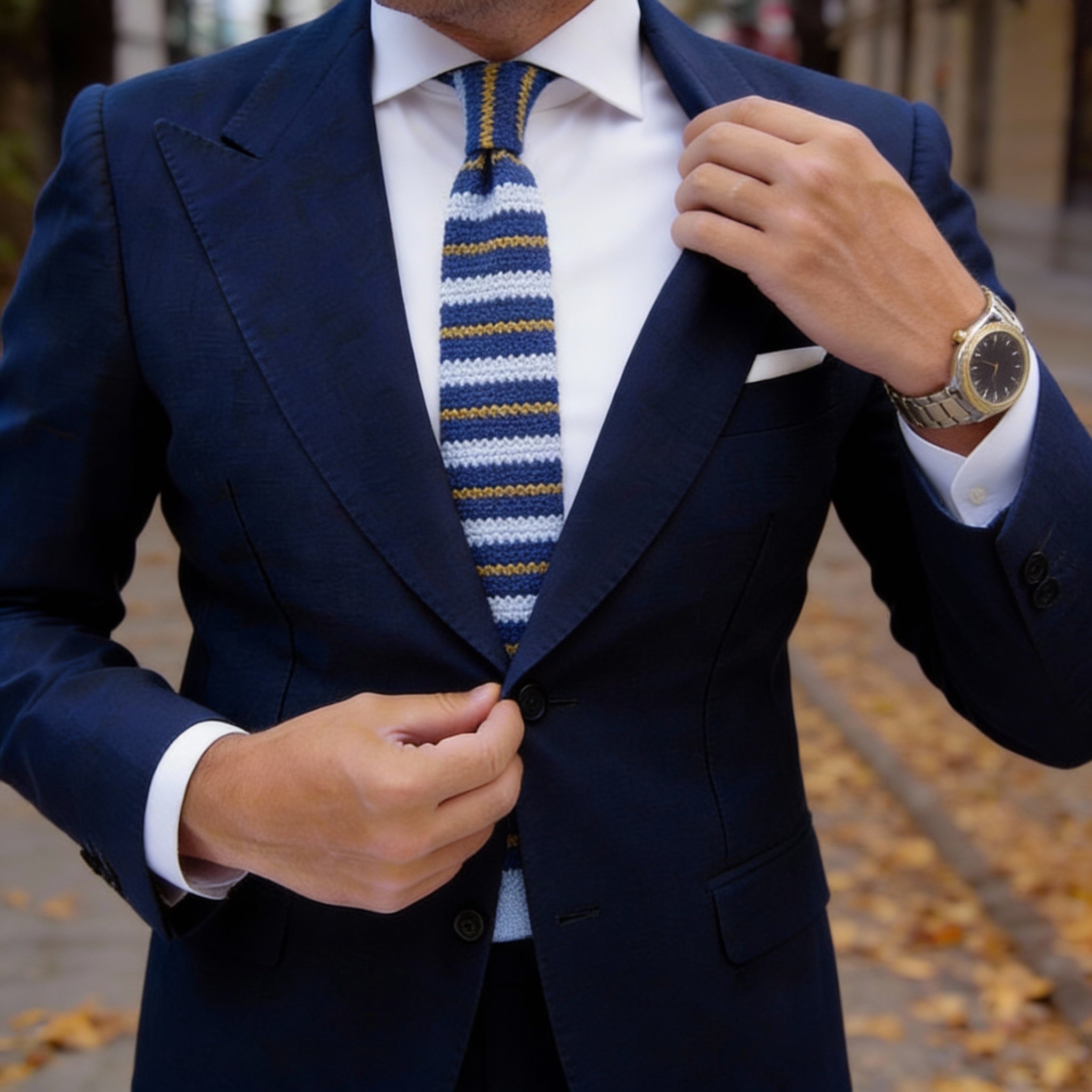 Light Blue With Yellow & Dark Blue Striped Knitted Necktie