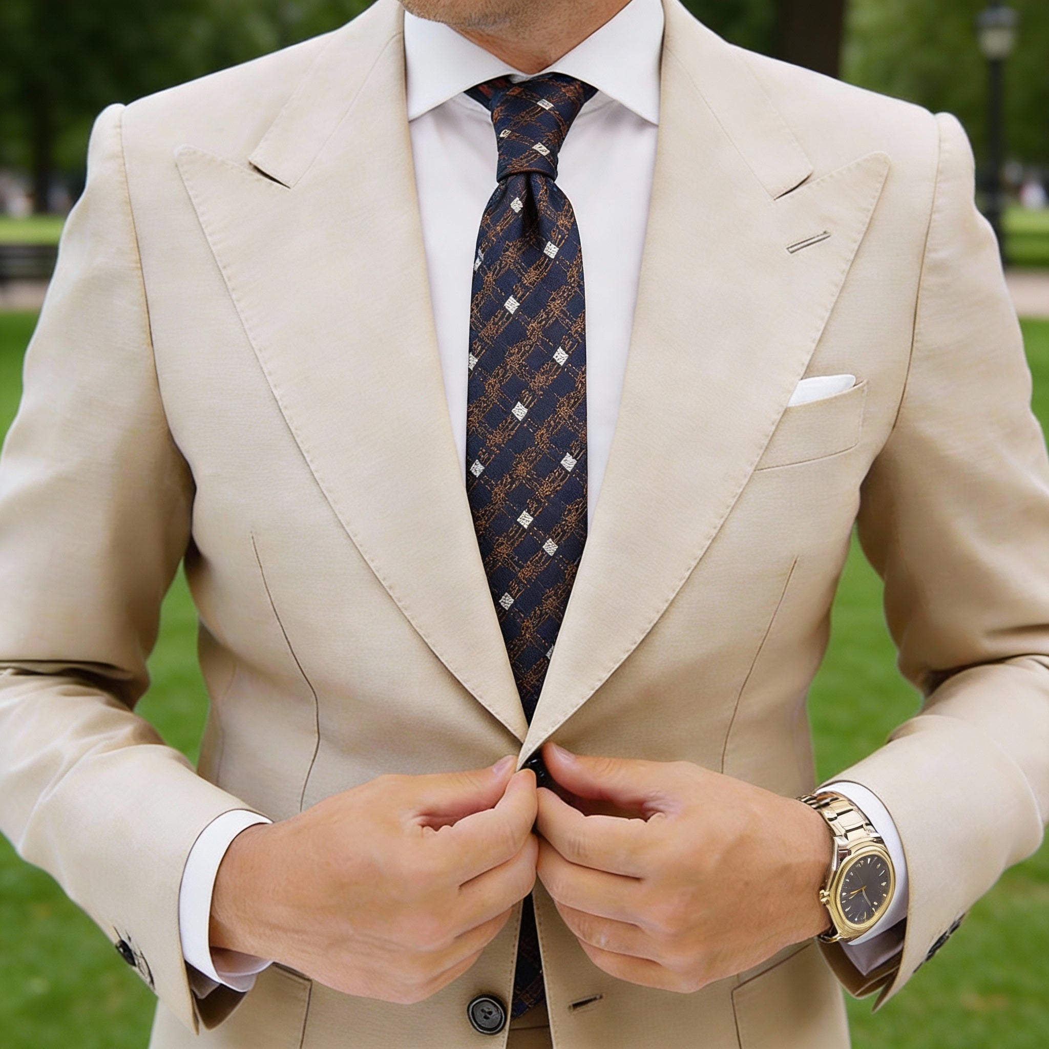 Dark Blue With Brown Grid & White Squares Necktie