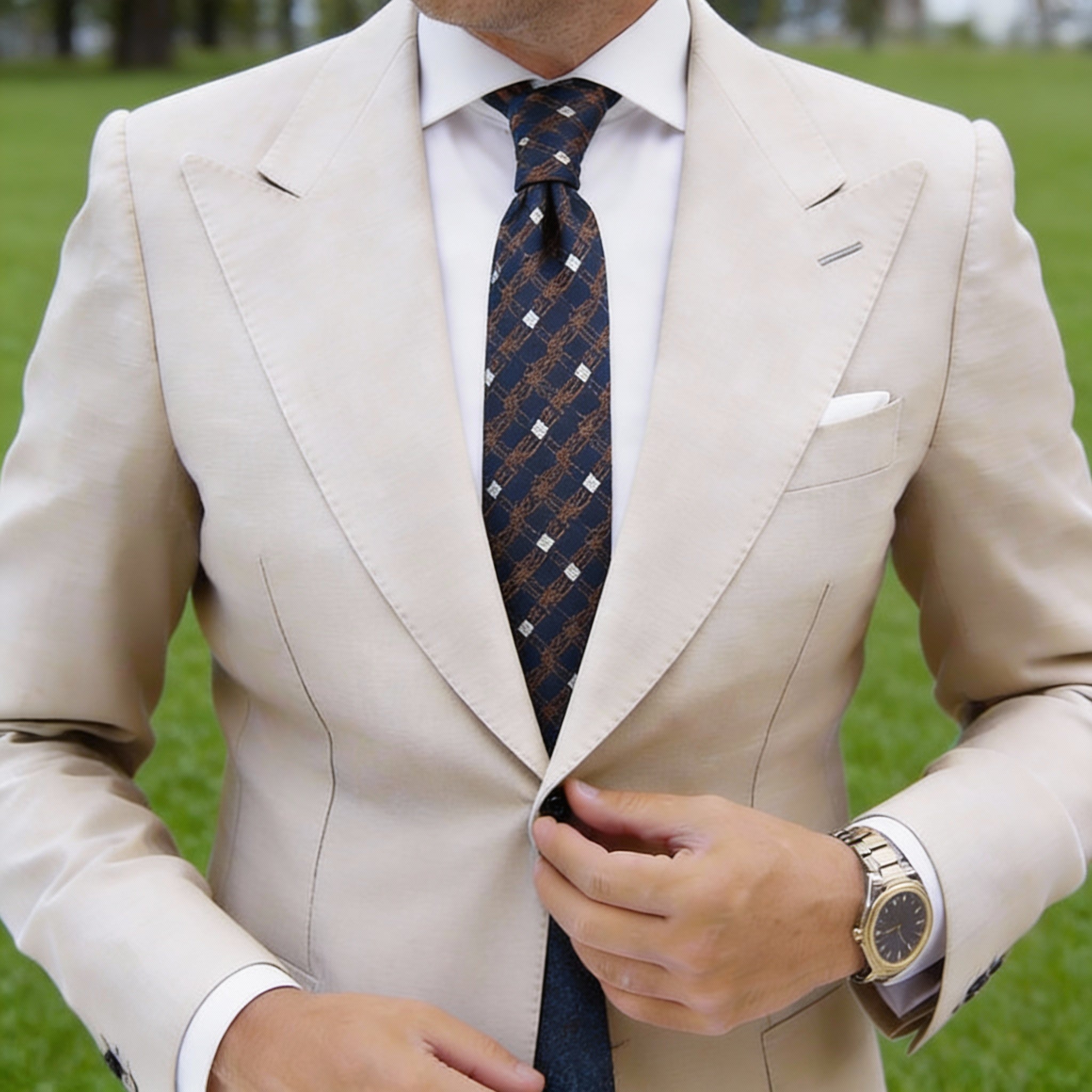 Dark Blue With Brown Grid & White Squares Necktie