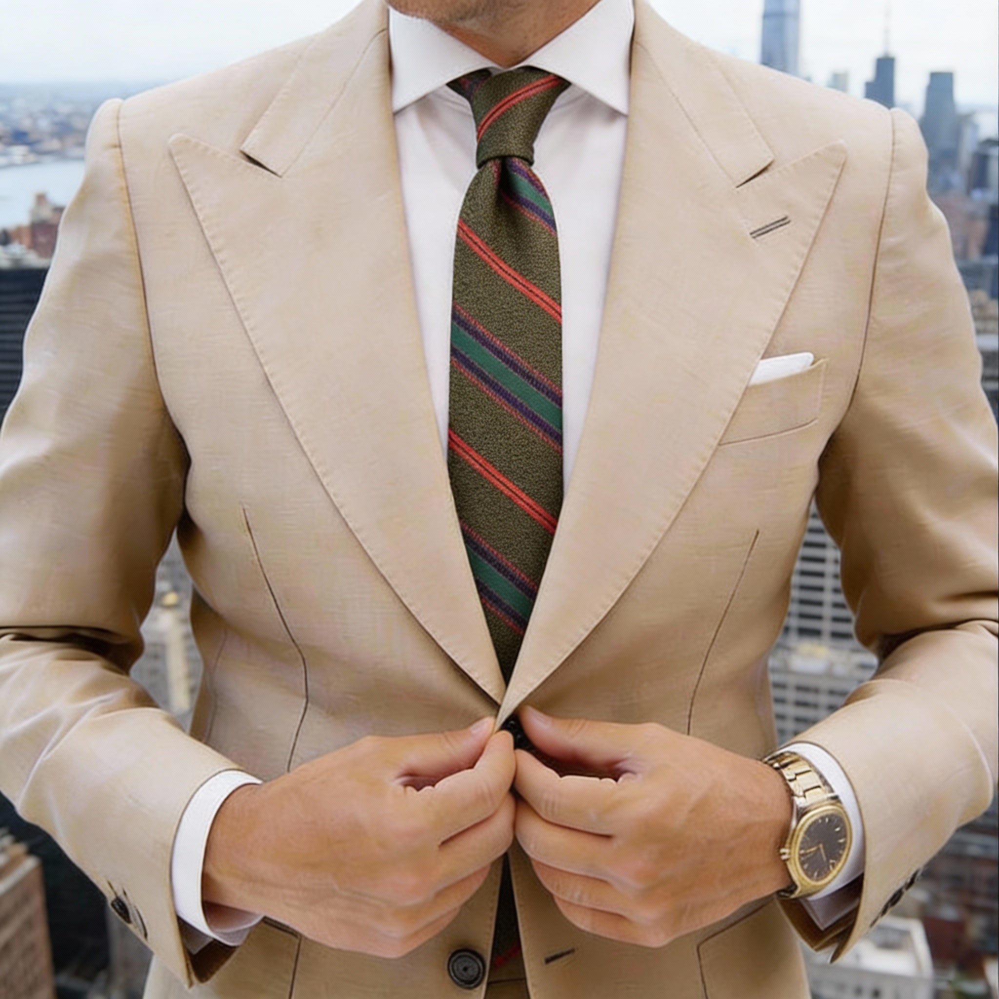 Olive Green With Red, Green, Blue Stripe Necktie