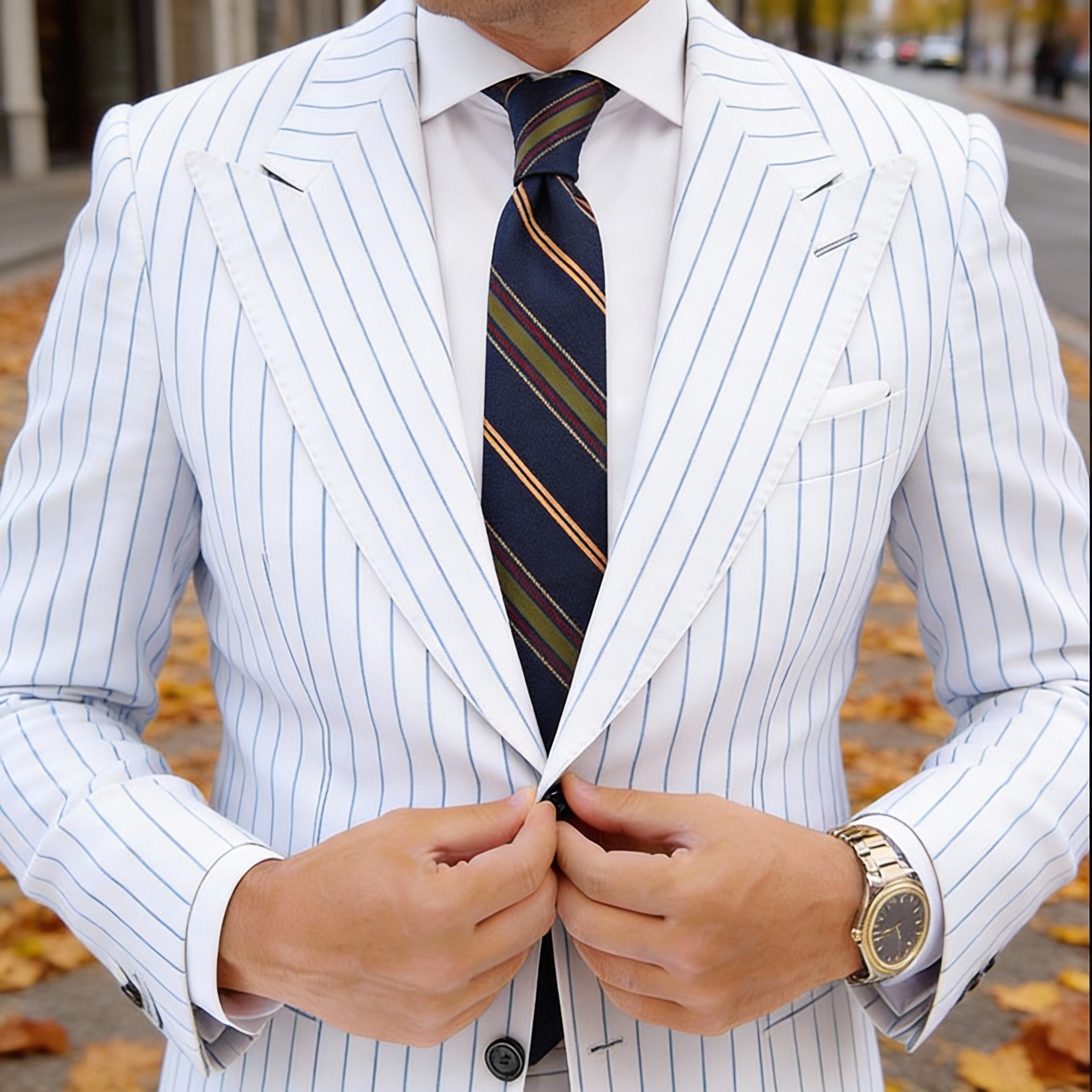 Navy Blue Necktie With Yellow Green Red Stripes