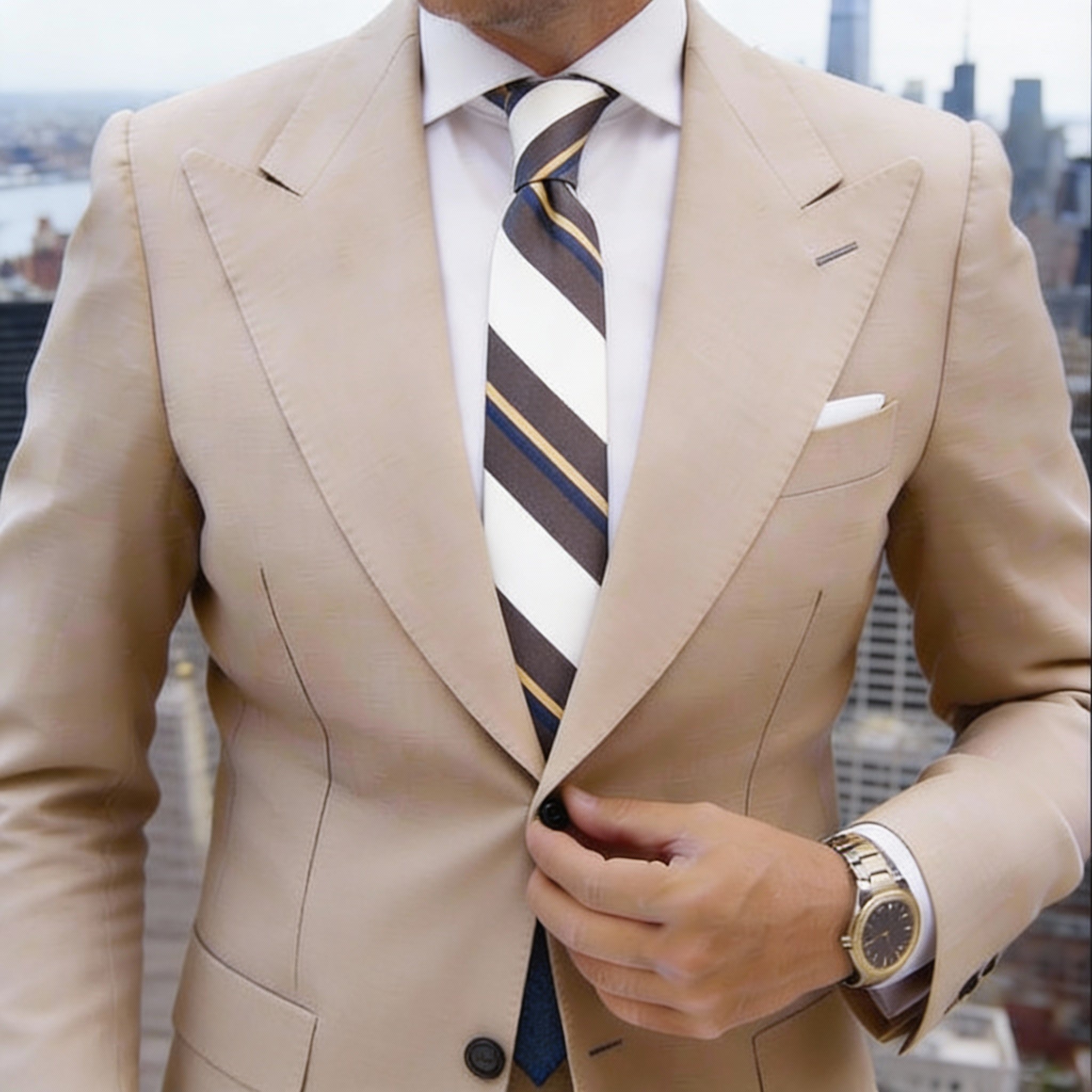 Beige With Dark Brown Blue Yellow Striped Necktie