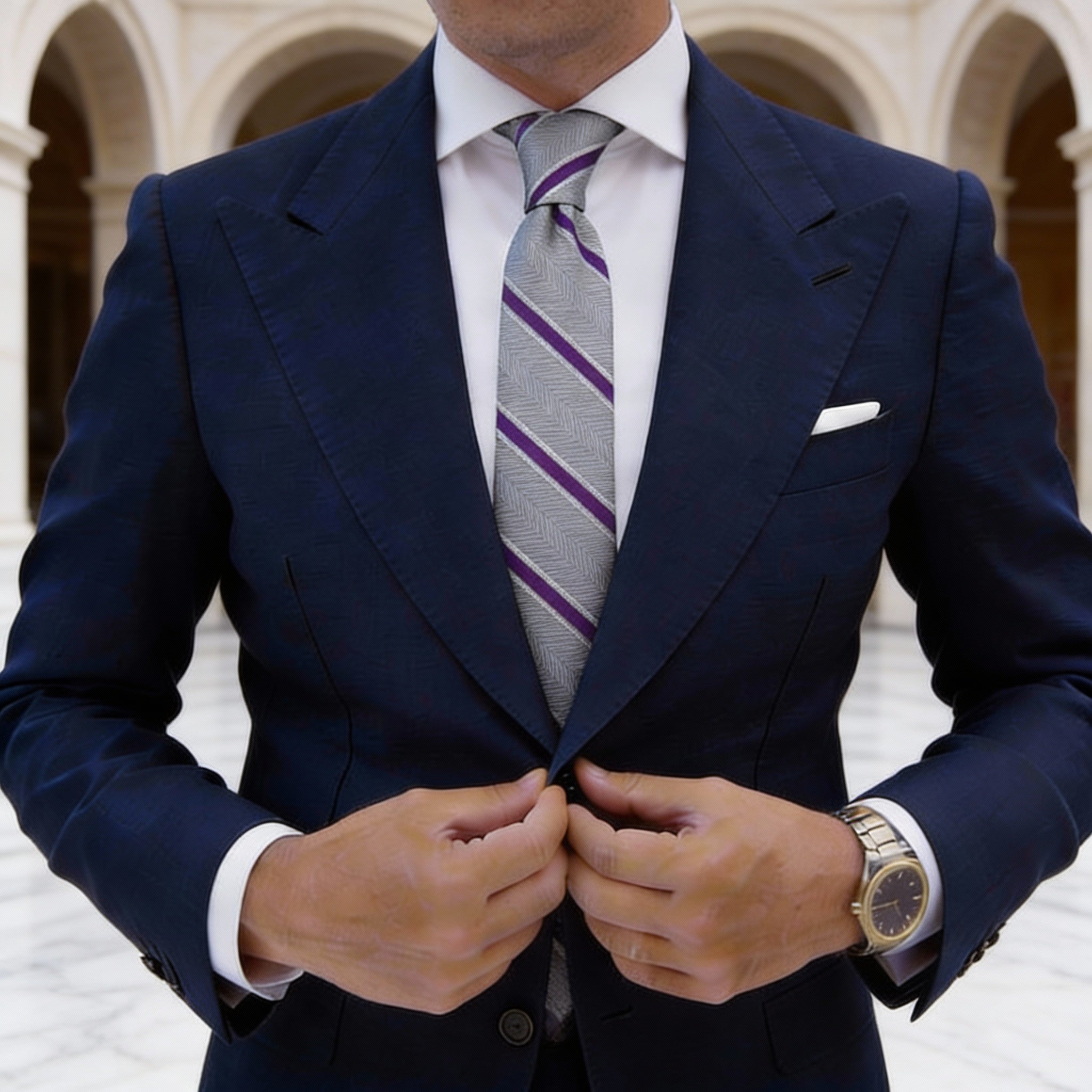 White With Dark Blue Herringbone Necktie