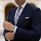 White With Dark Blue Herringbone Necktie