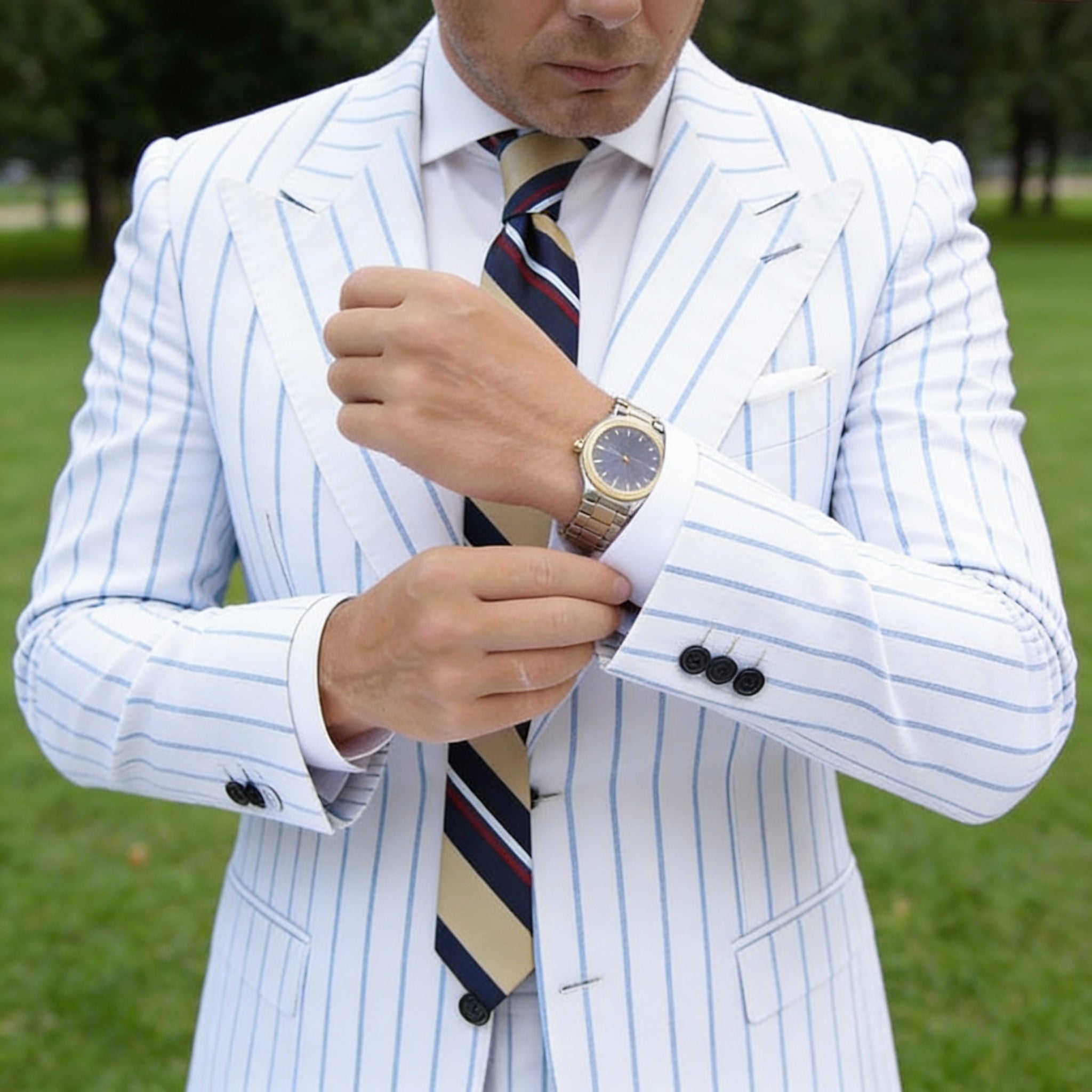 Beige with Navy, Red & White Striped Necktie