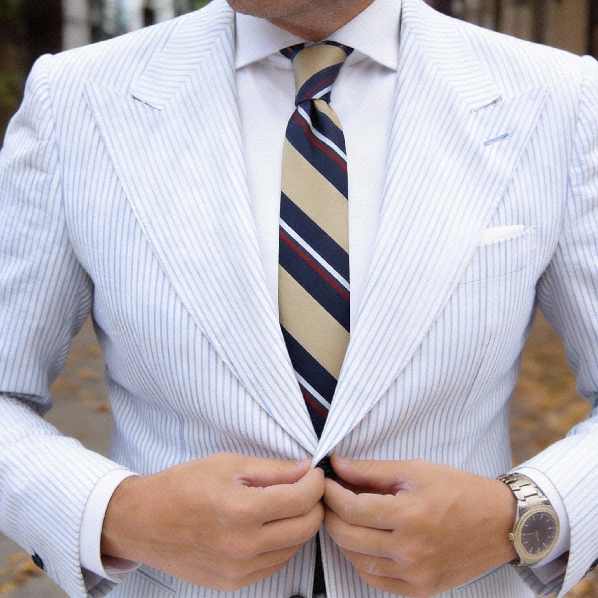 Beige with Navy, Red & White Striped Necktie