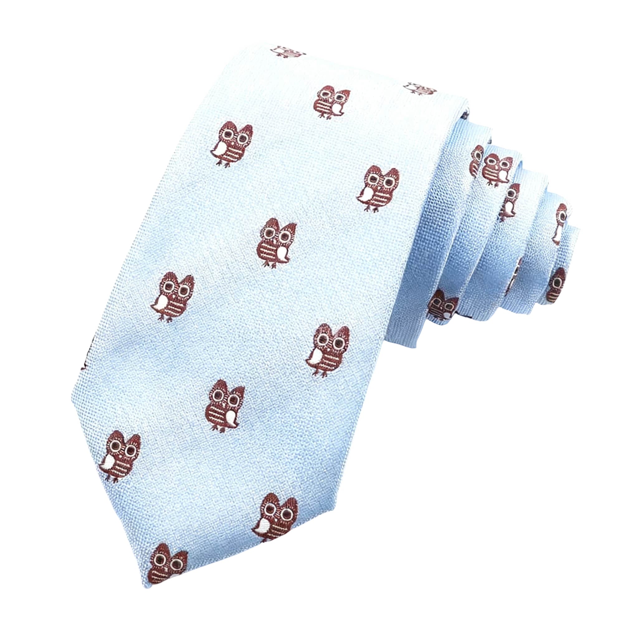 Light Blue Brown Owl Necktie