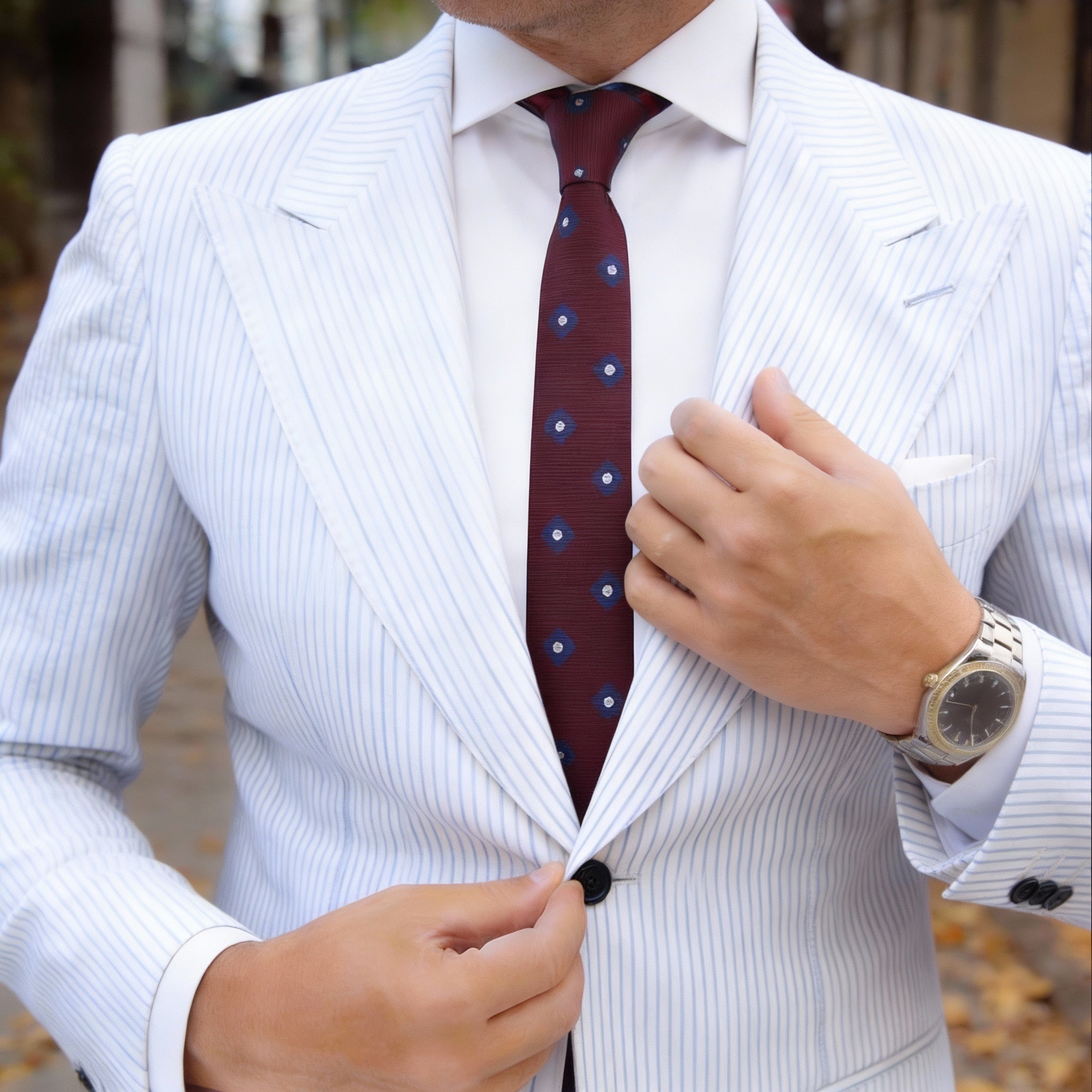Burgundy With Blue Squares With White Dots Necktie