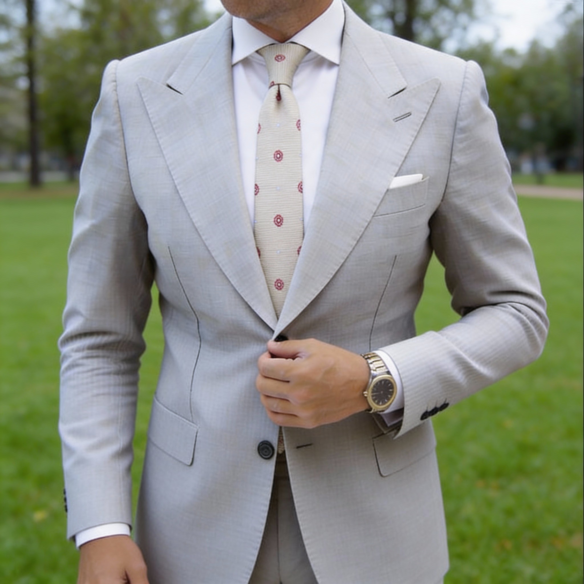 Beige Necktie with Red Floral & Blue Dot
