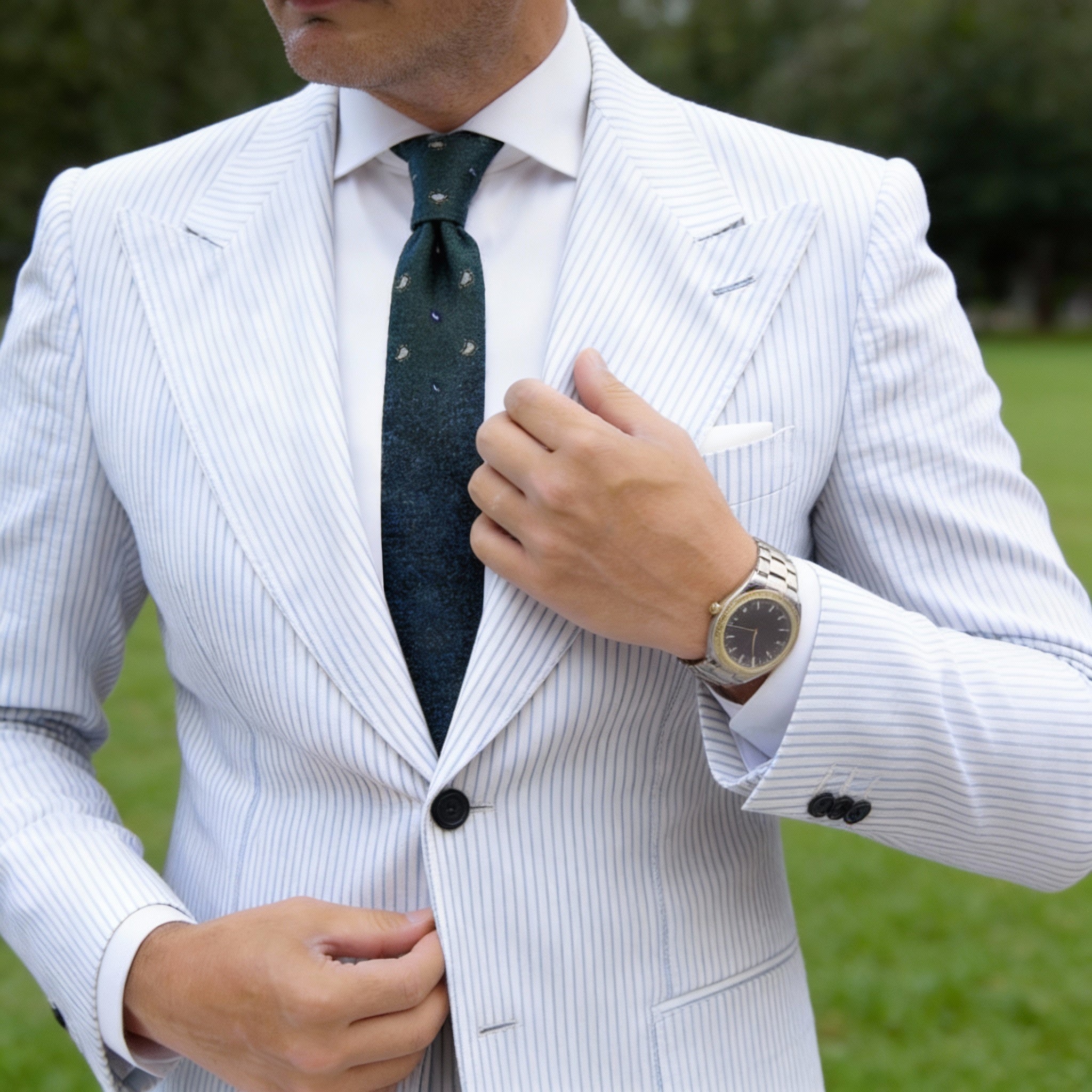 Dark Green With White Crescent Blue Dot Necktie