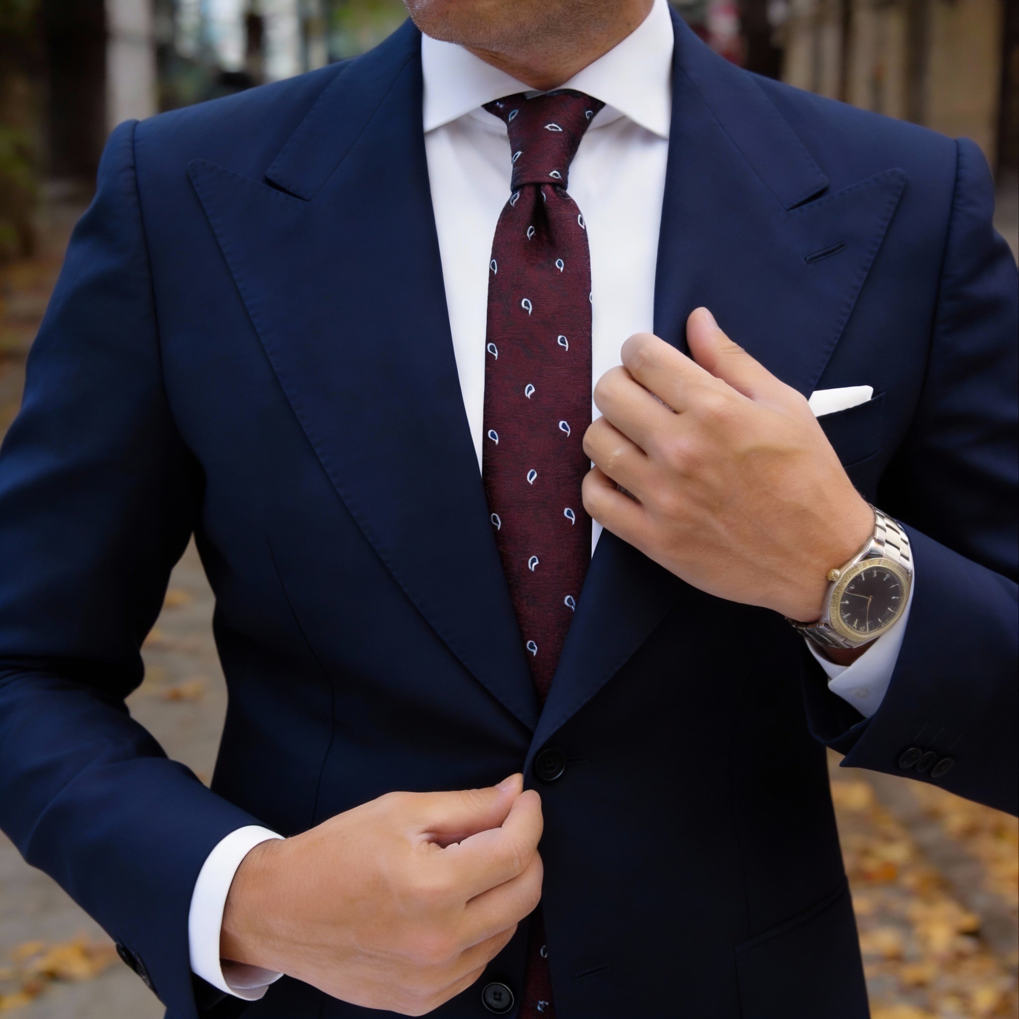 Burgundy With White And Blue Paisley Necktie