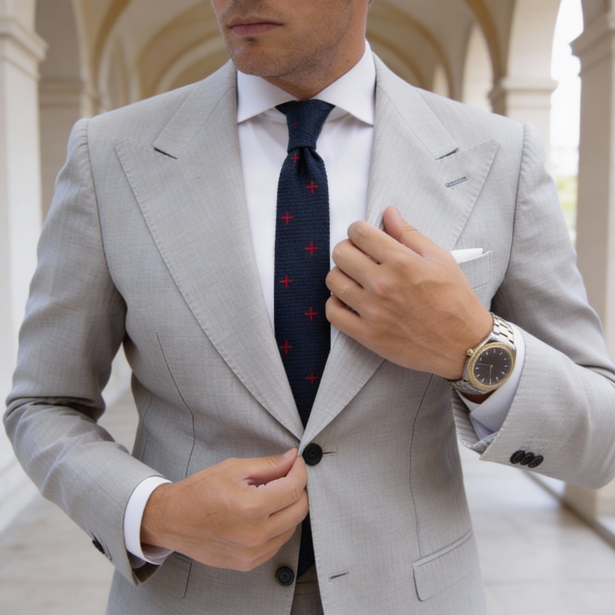 Dark Blue Necktie With Red Crosses