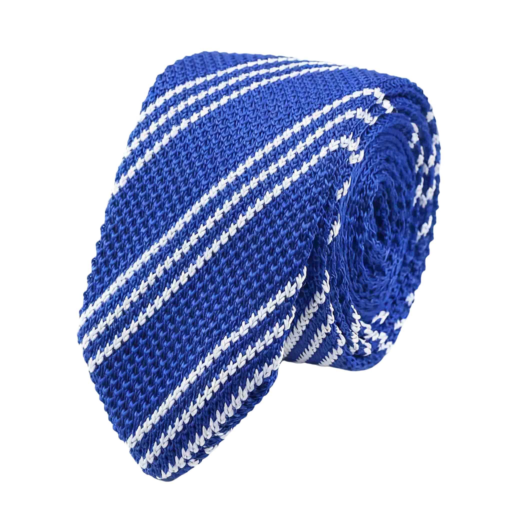 Royal Blue White Striped Knitted Tie