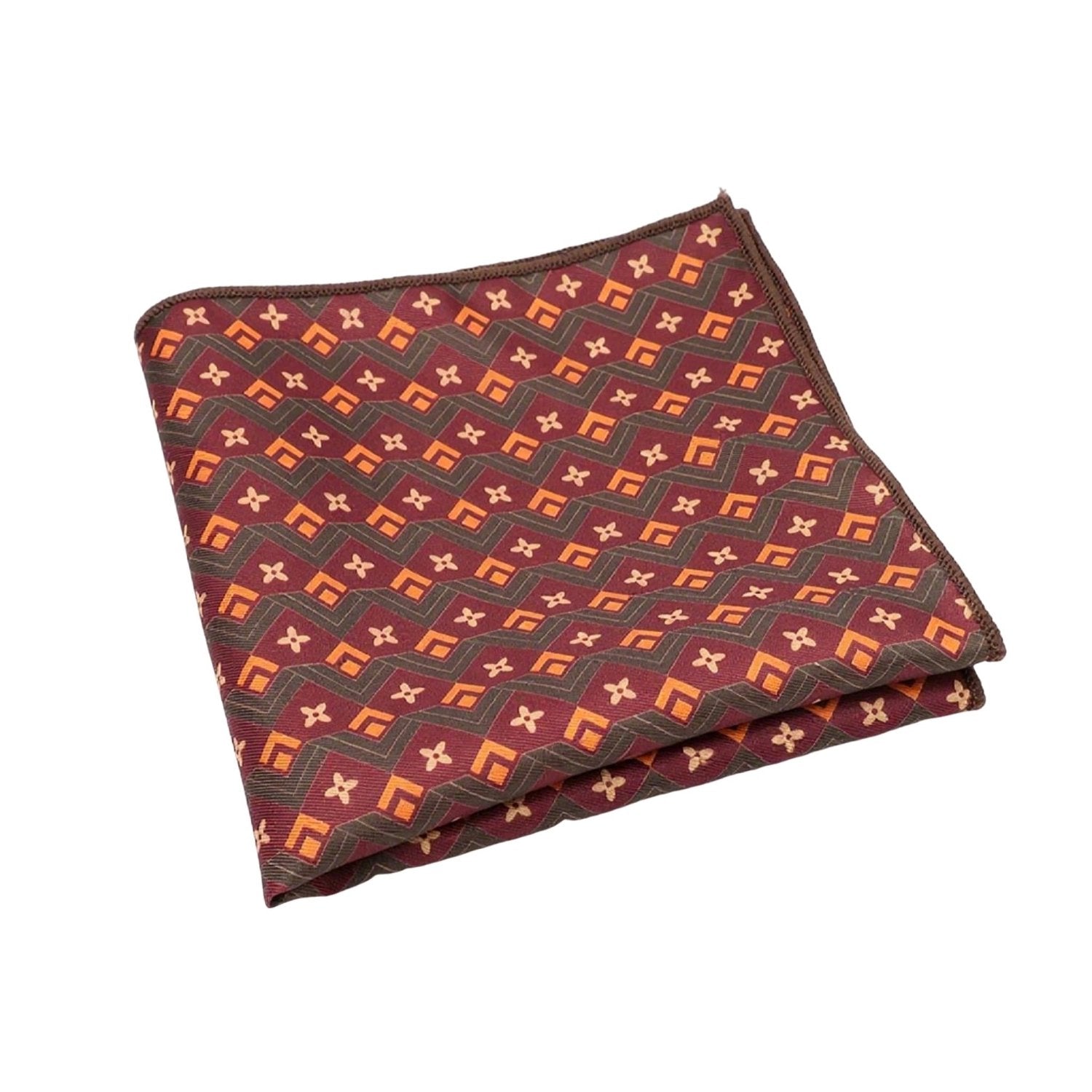 Burgundy With Orange Geometric Chevron Grid Pocket Square