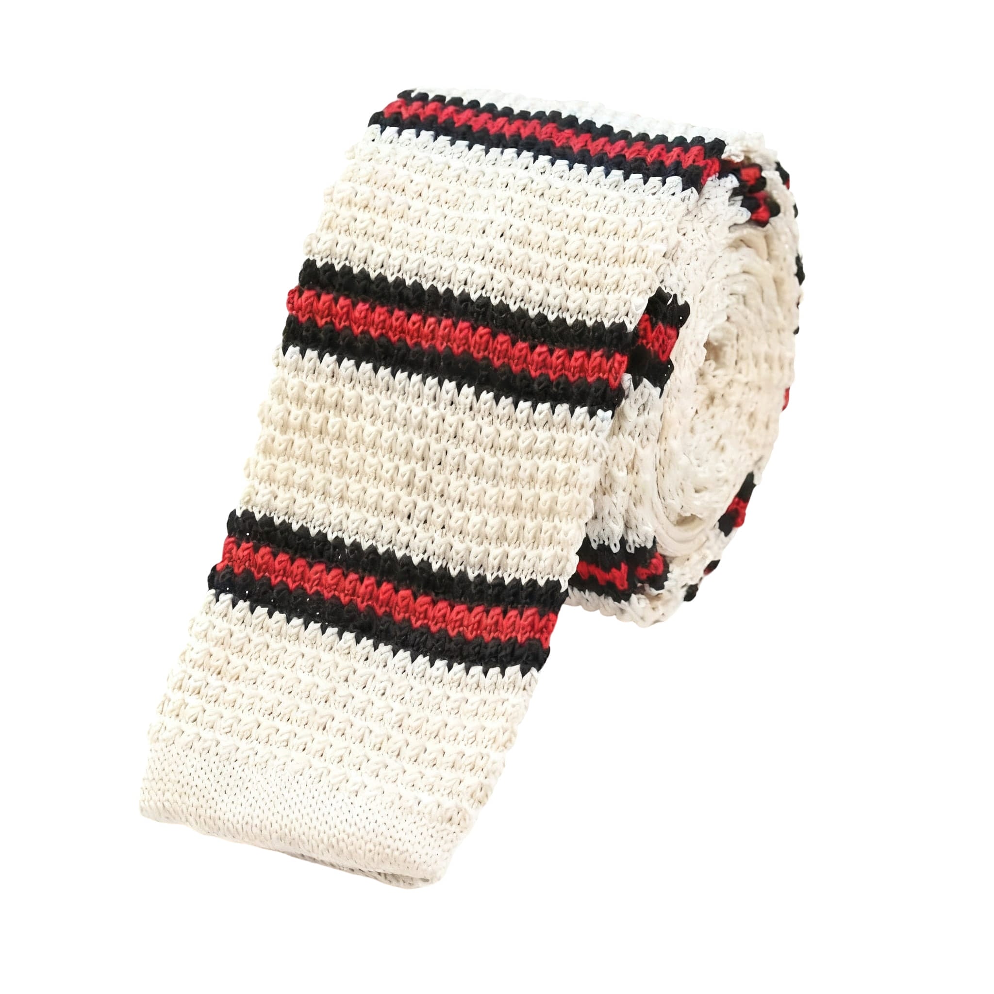 Beige Red Black Striped Knitted Tie