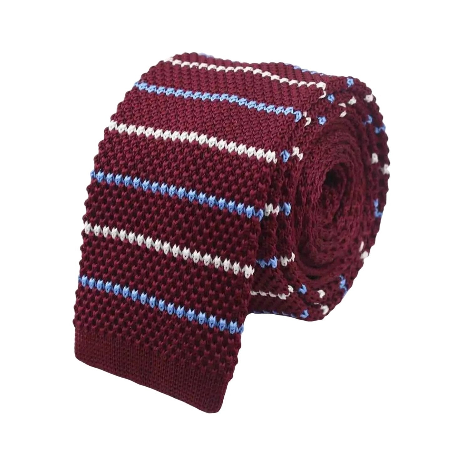 Maroon With Blue And White Striped Necktie