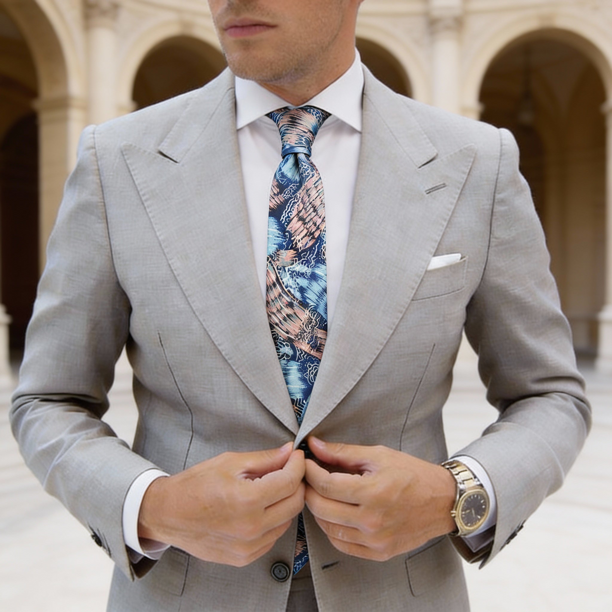 Blue With Pink Wave Floral Necktie