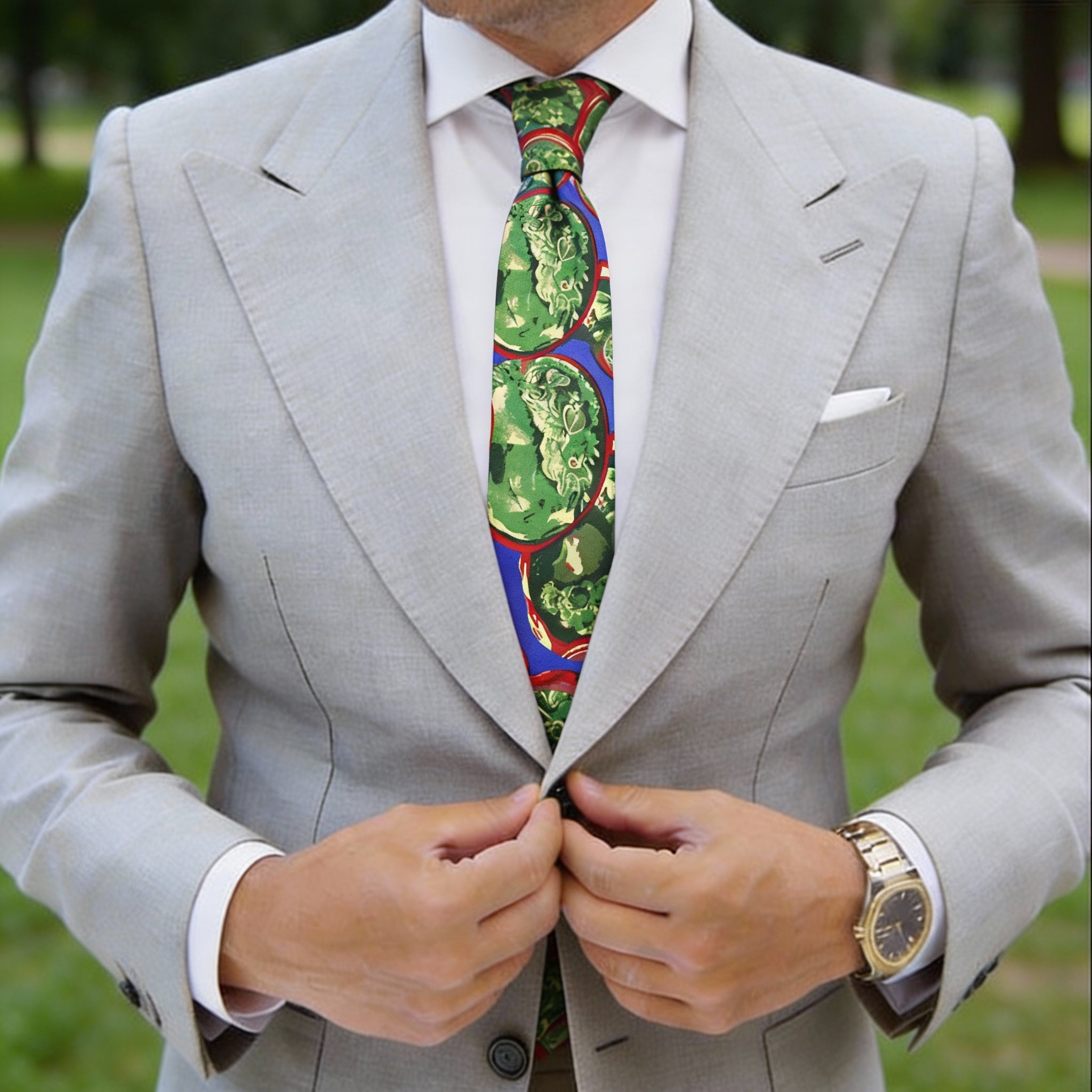 Blue With Red Green Circular Dragon Necktie