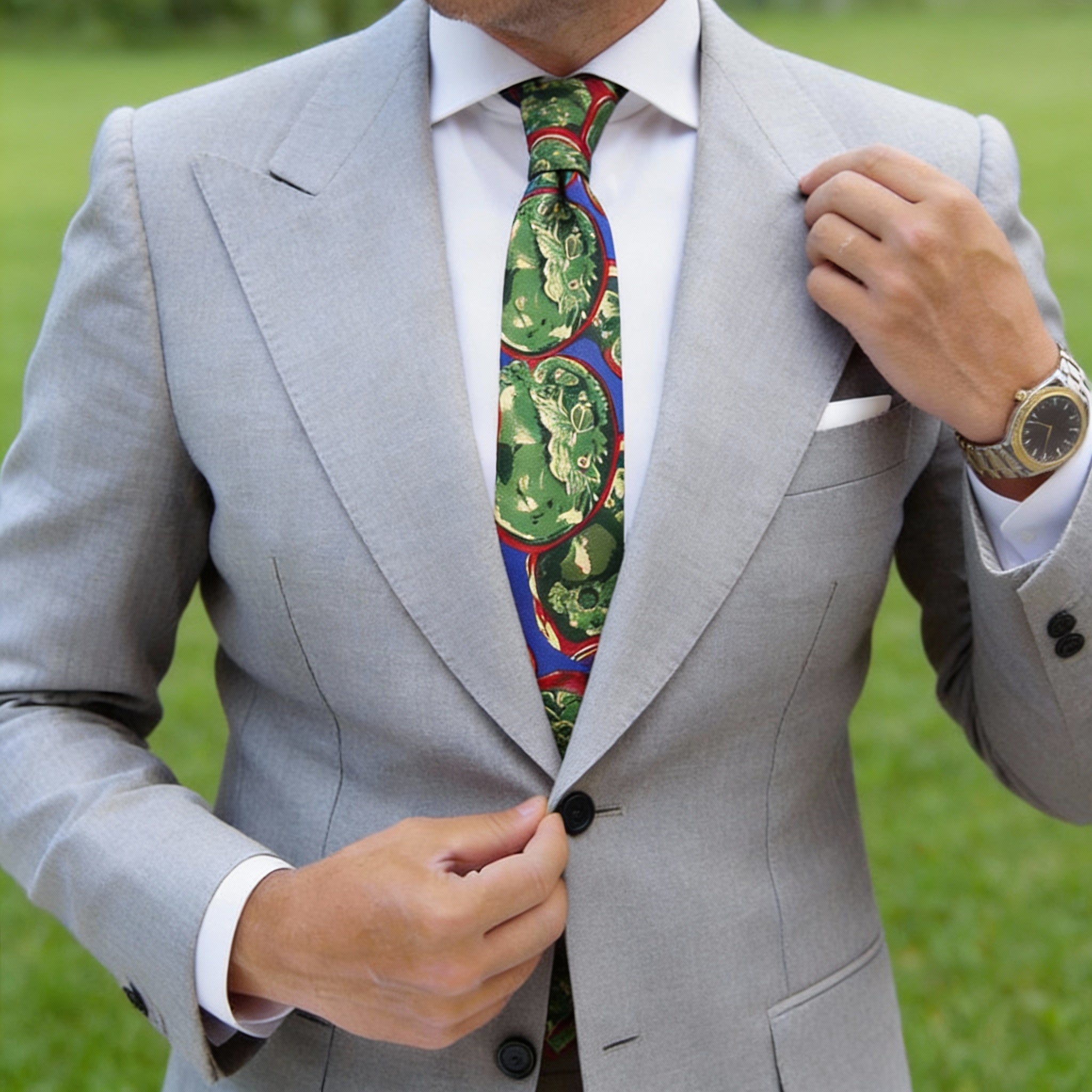 Blue With Red Green Circular Dragon Necktie