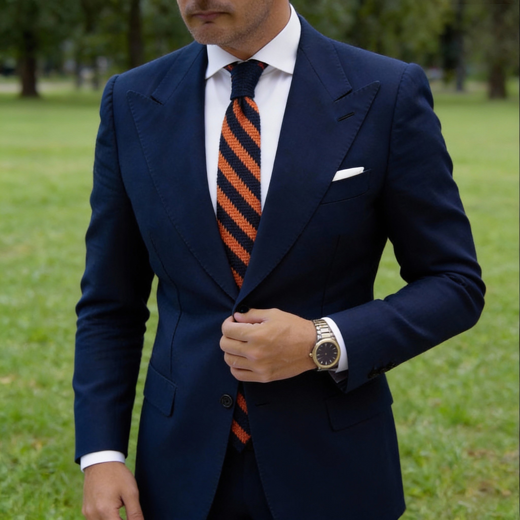 Navy Blue with Orange Diagonal Stripes Necktie