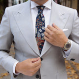 Navy Blue With Red Floral And Leaf Necktie