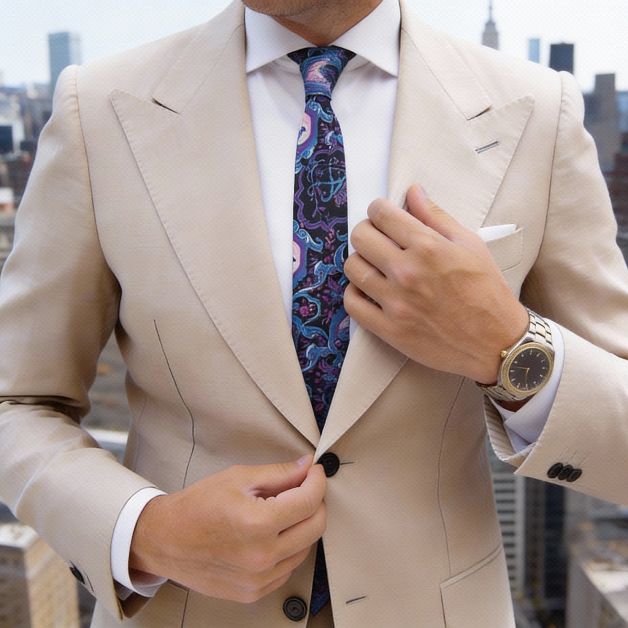 Black with Blue Purple Floral Bird Necktie