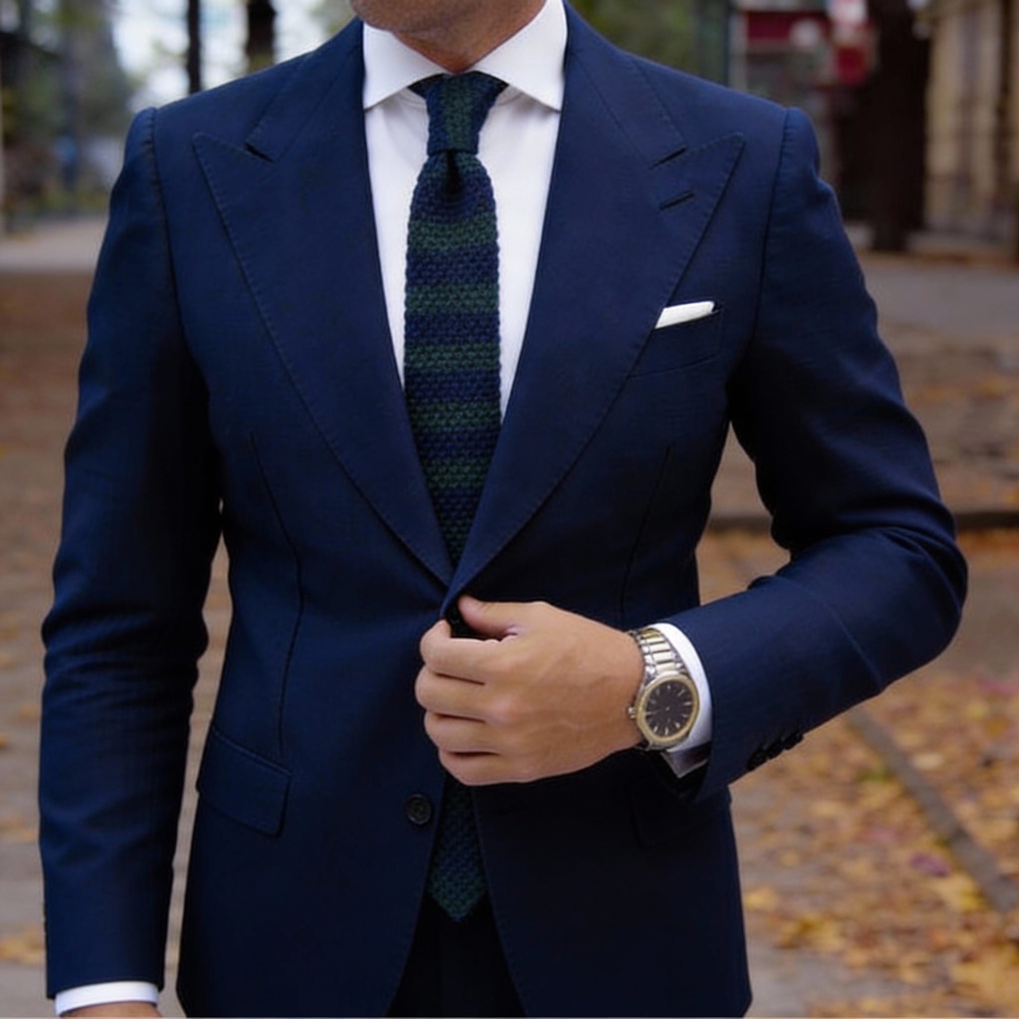 Dark Blue with Green Horizontal Stripes Knitted Necktie